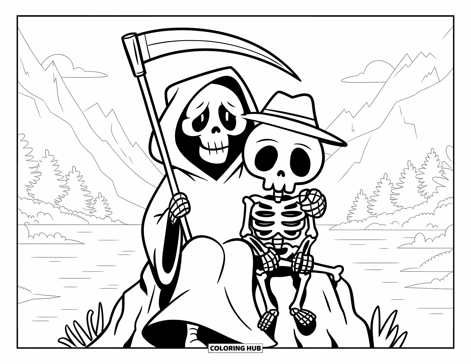 Grim Reaper Coloring Page for Kids: The Grim Reaper and a skeleton sit together by mountains and trees