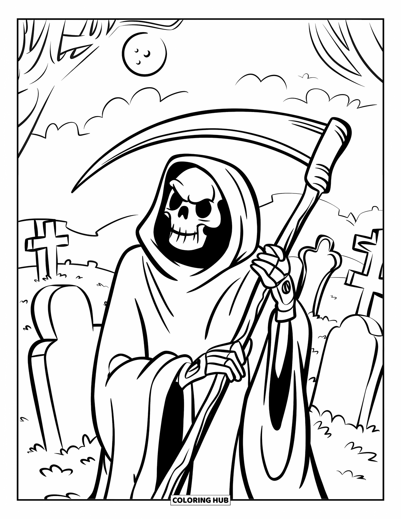 Grim Reaper Coloring Page for Kids: The Grim Reaper leans on his scythe in a moonlit graveyard