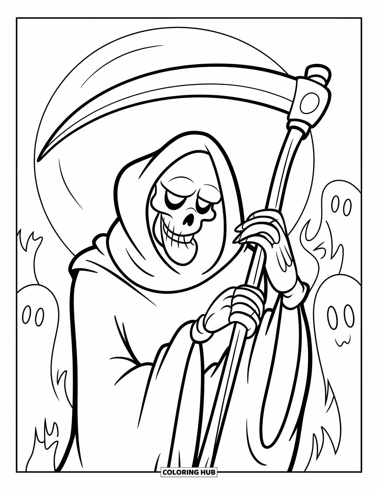 Grim Reaper Coloring Page for Kids: The Reaper pauses in a graveyard with ghostly shapes behind him