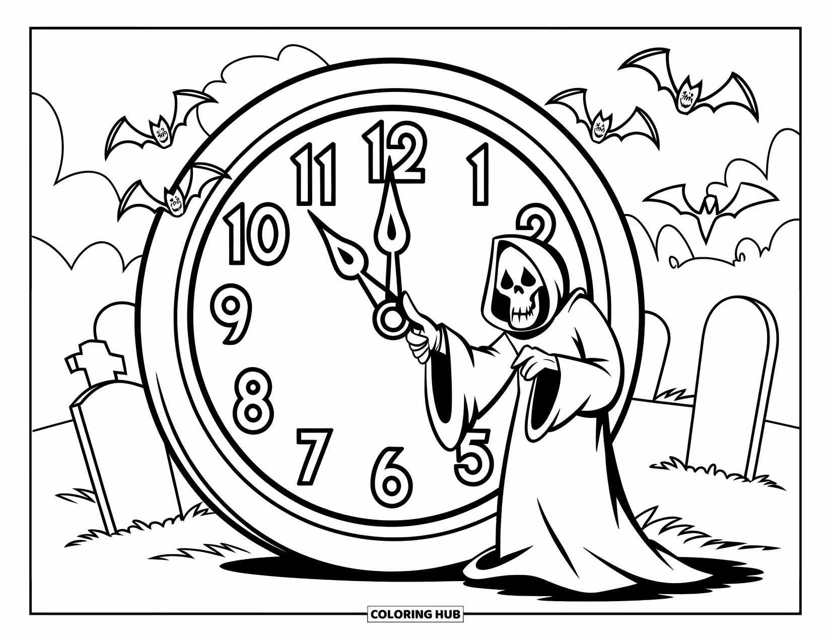 Grim Reaper Coloring Page for Kids: The Reaper points at a giant clock surrounded by tombstones and flying bats