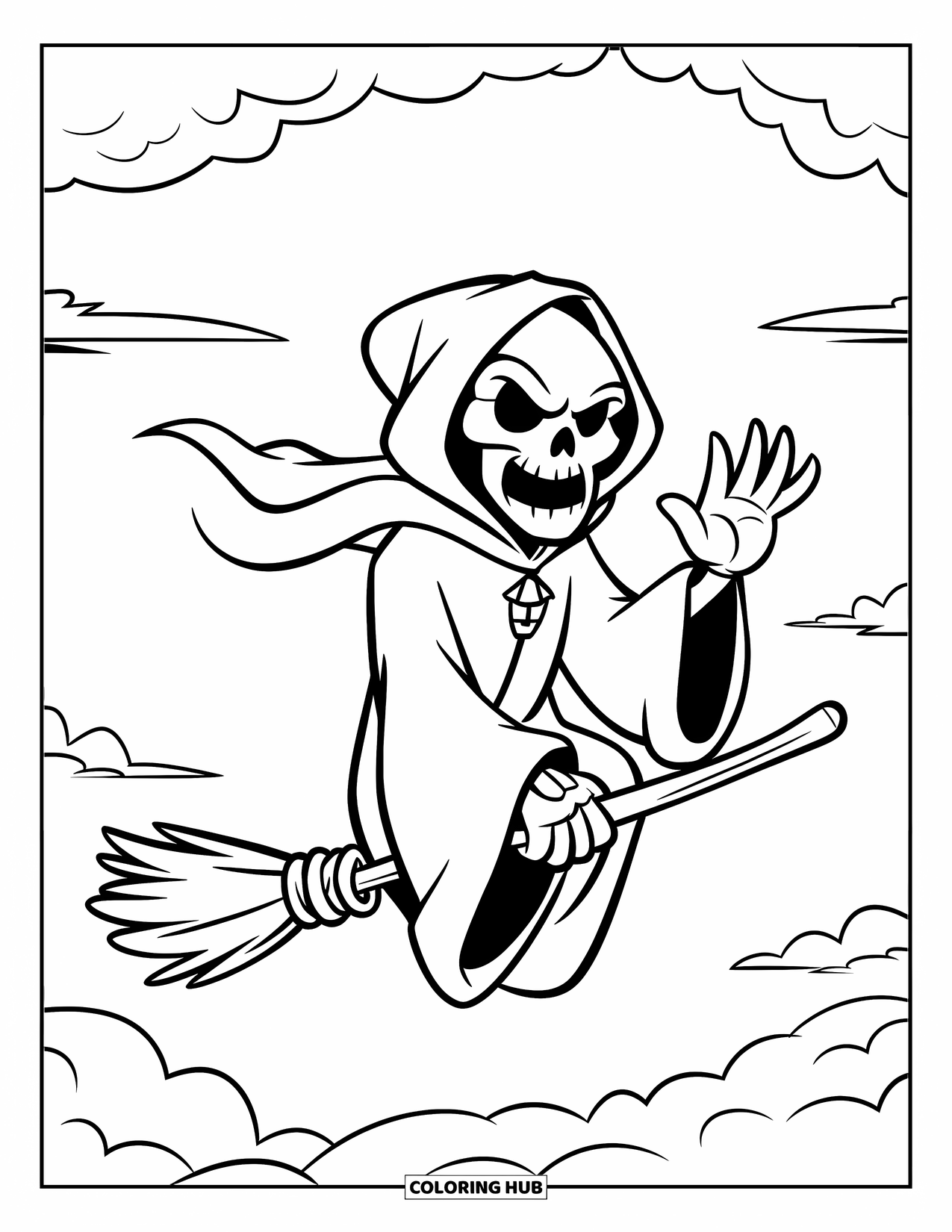Grim Reaper Coloring Page for Kids: The Reaper waves from a tiny broomstick in a sky full of clouds
