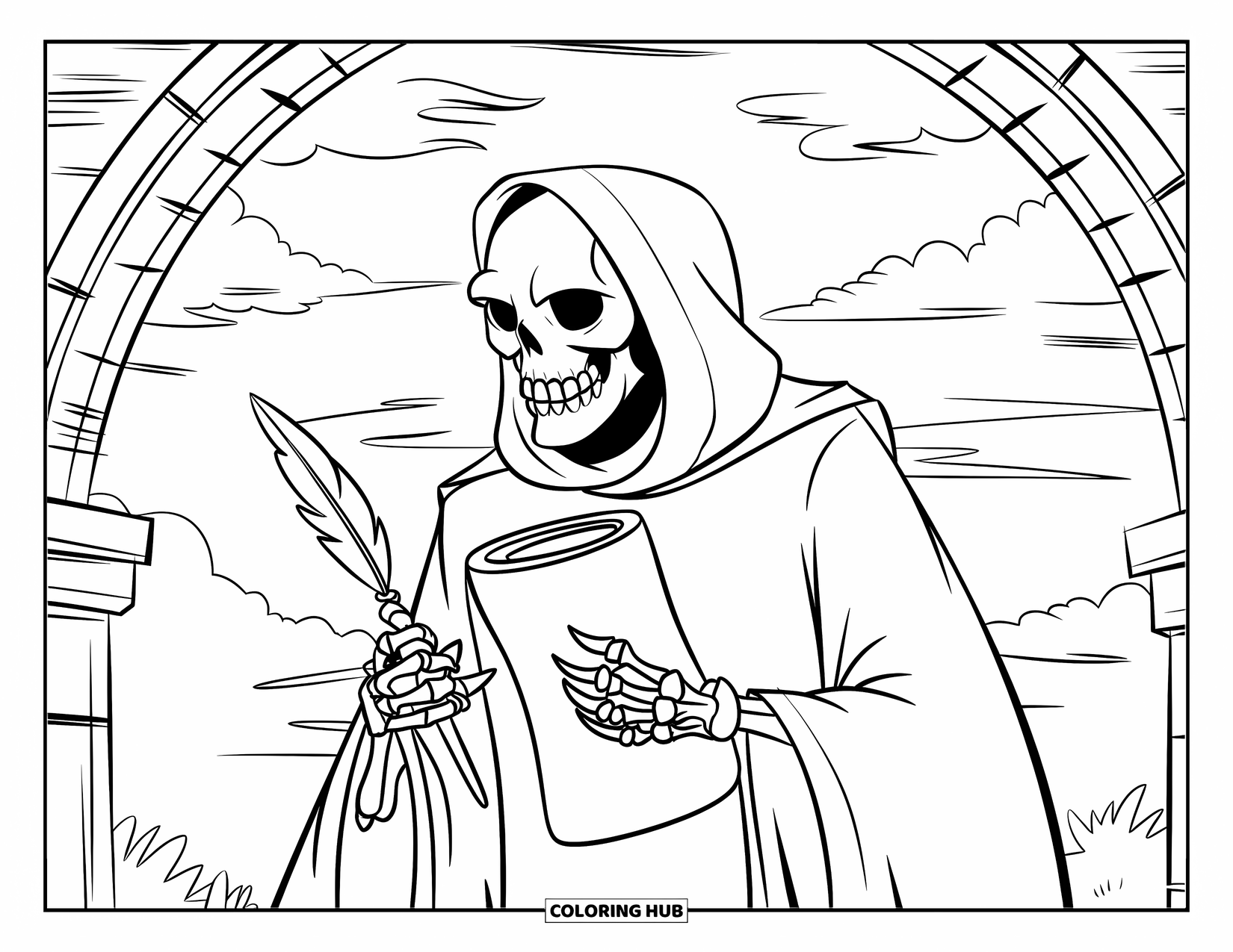Grim Reaper Coloring Page for Kids: Under a tall archway, the Reaper writes with a scroll and quill