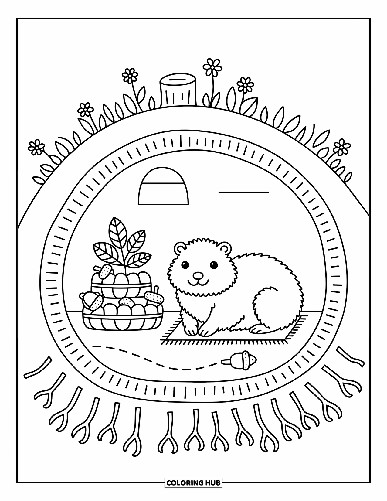 Groundhog Coloring Page for Adults: Cozy burrow scene with groundhog, leaves, acorns, tunnel, grass, and flowers