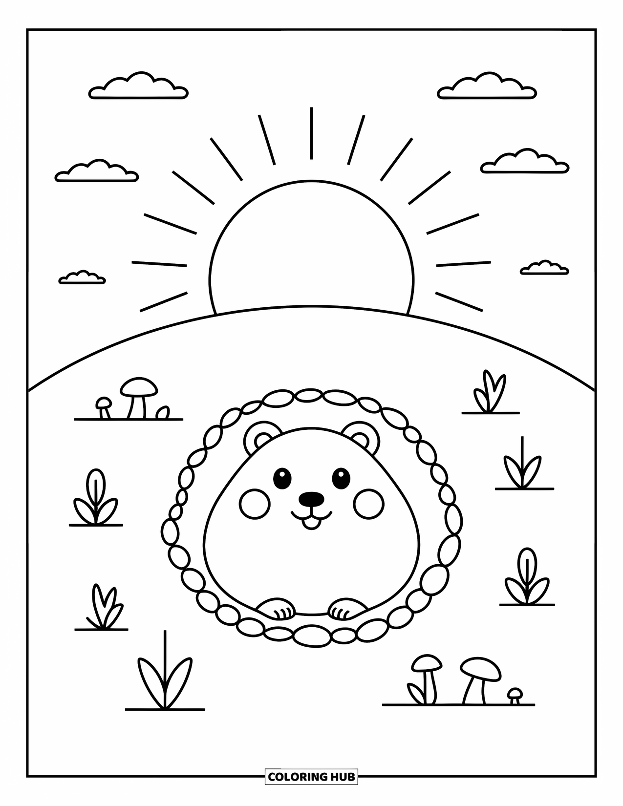 Groundhog Coloring Page for Adults: Groundhog at burrow entrance with sunrise, mushrooms, leaves, and clouds