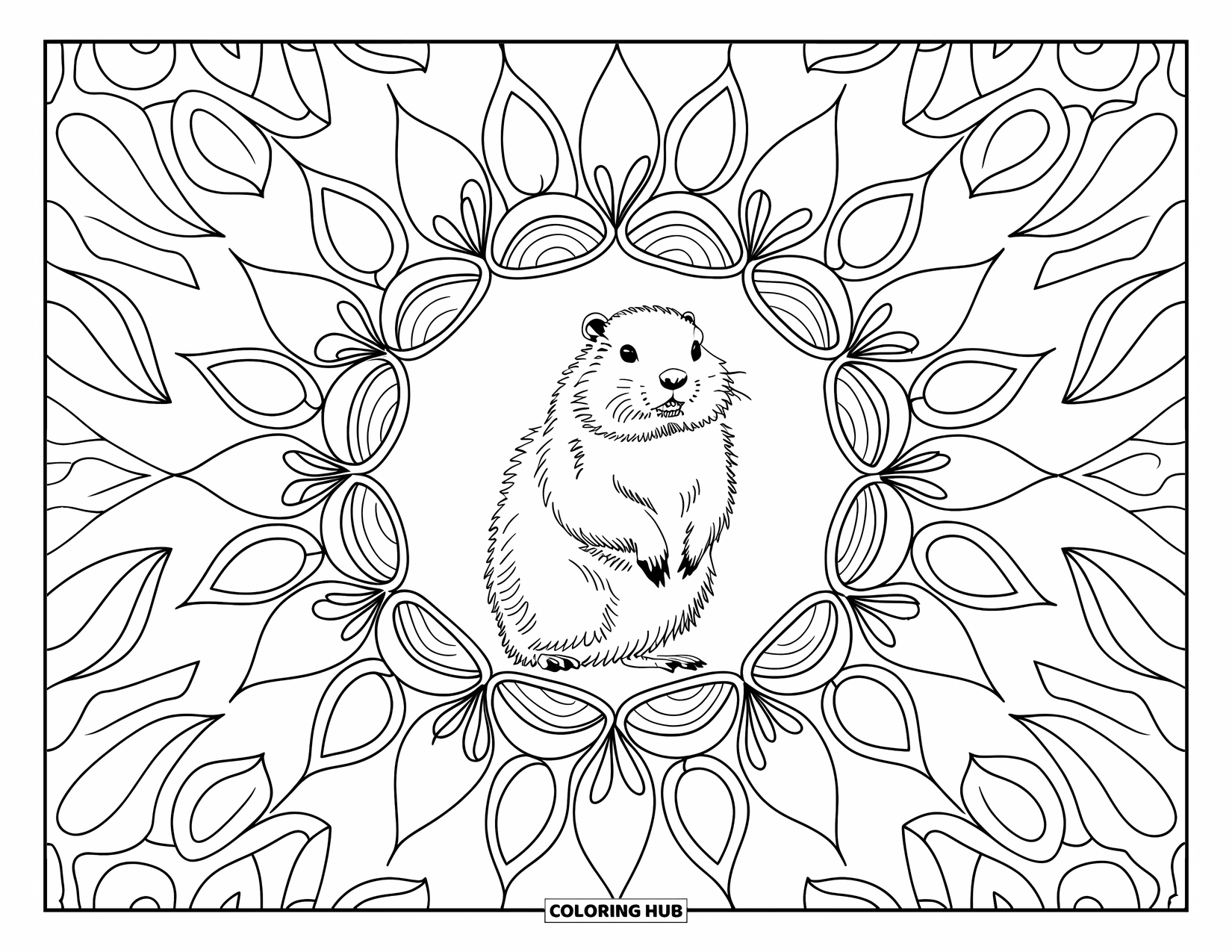 Groundhog Coloring Page for Adults: Groundhog framed by symmetrical leafy mandala patterns