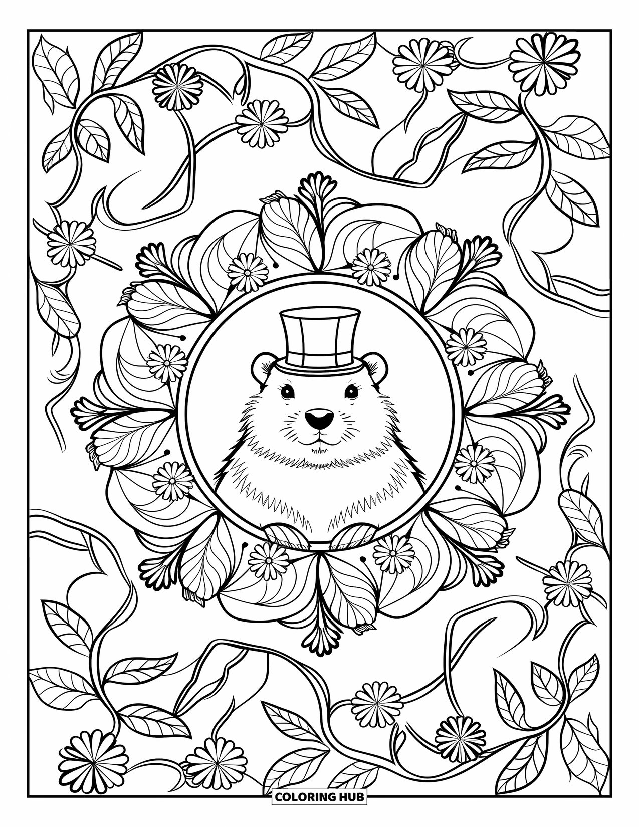 Groundhog Coloring Page for Adults: Groundhog in botanical mandala wearing top hat