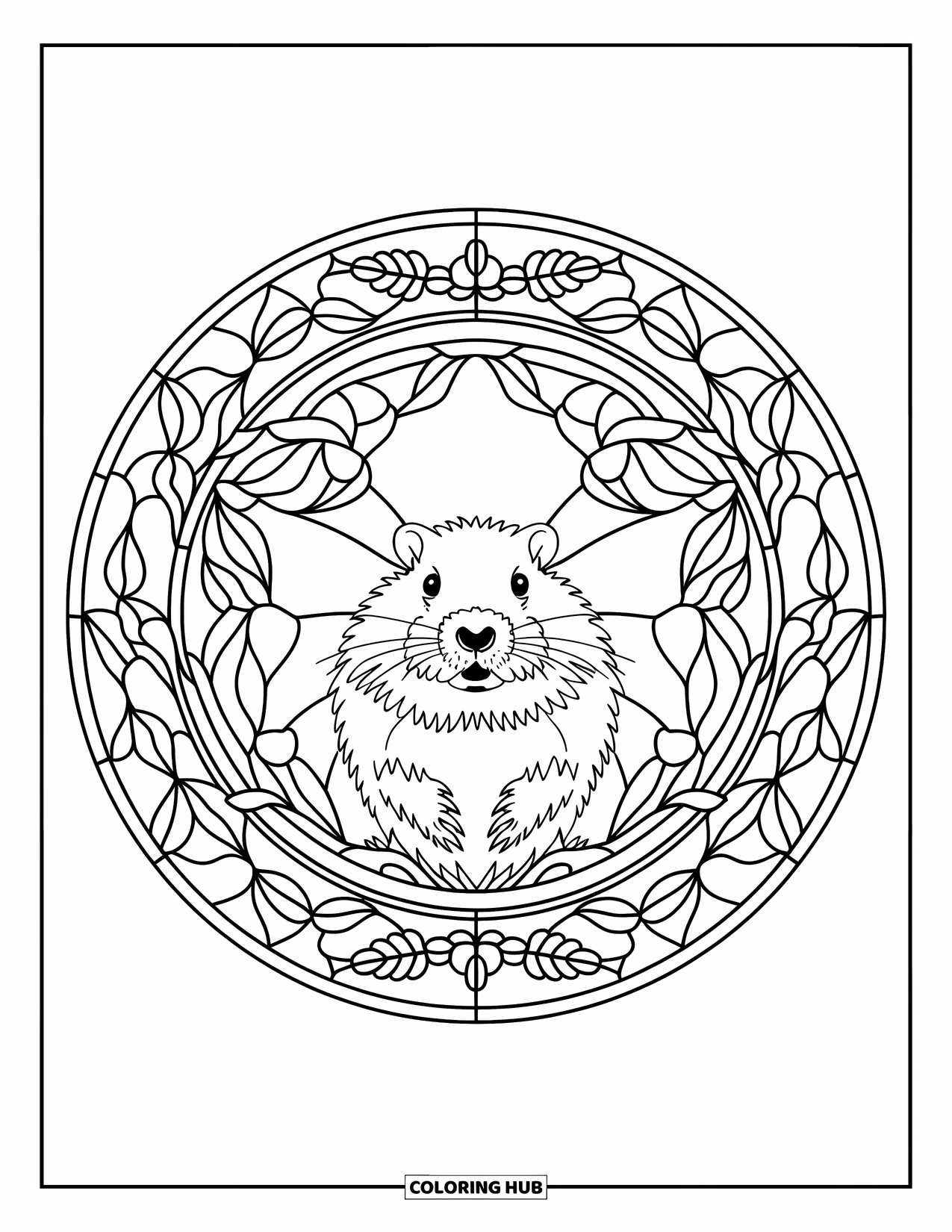Groundhog Coloring Page for Adults: Groundhog in circular stained glass design with leaves and flowers