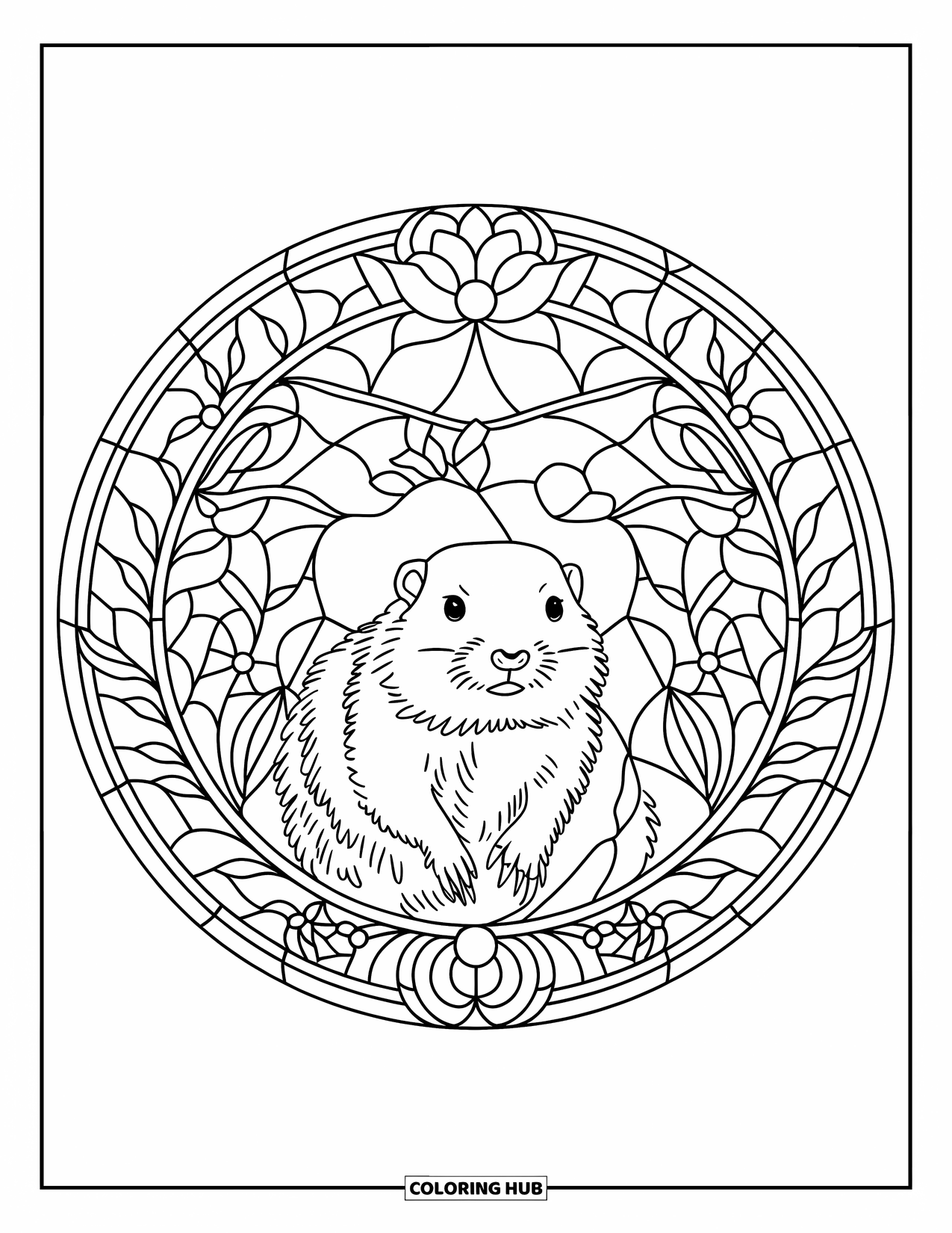 Groundhog Coloring Page for Adults: Groundhog in circular stained glass design with leaves, flowers, and birds