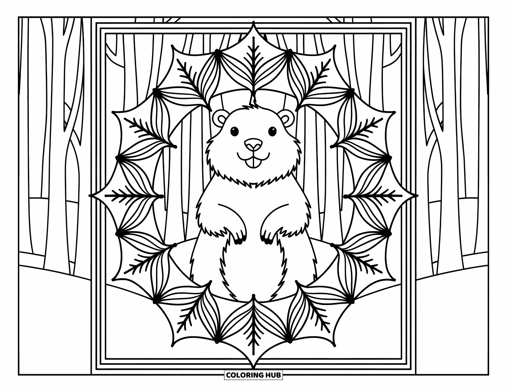 Groundhog Coloring Page for Adults: Groundhog in leafy mandala frame within a forest scene