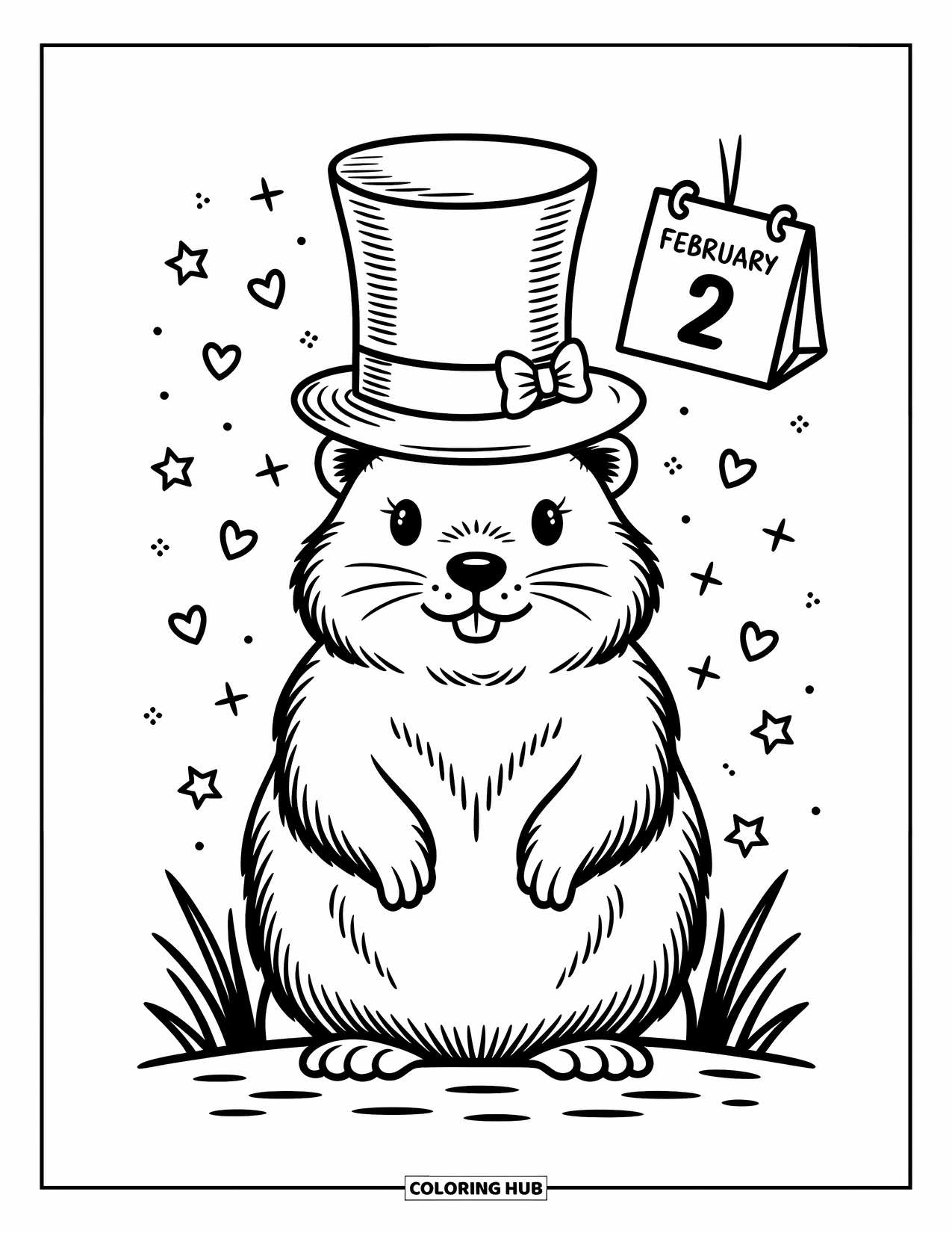 Groundhog Coloring Page for Adults: Groundhog in top hat with February 2 calendar and scattered stars and hearts