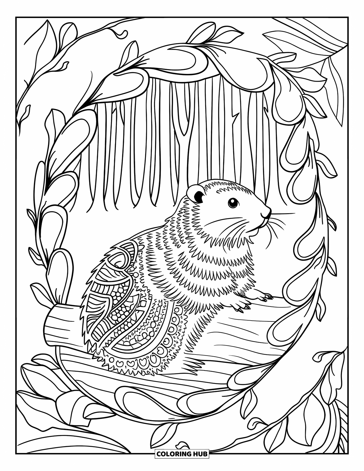 Groundhog Coloring Page for Adults: Groundhog on log framed by vines and petals in forest