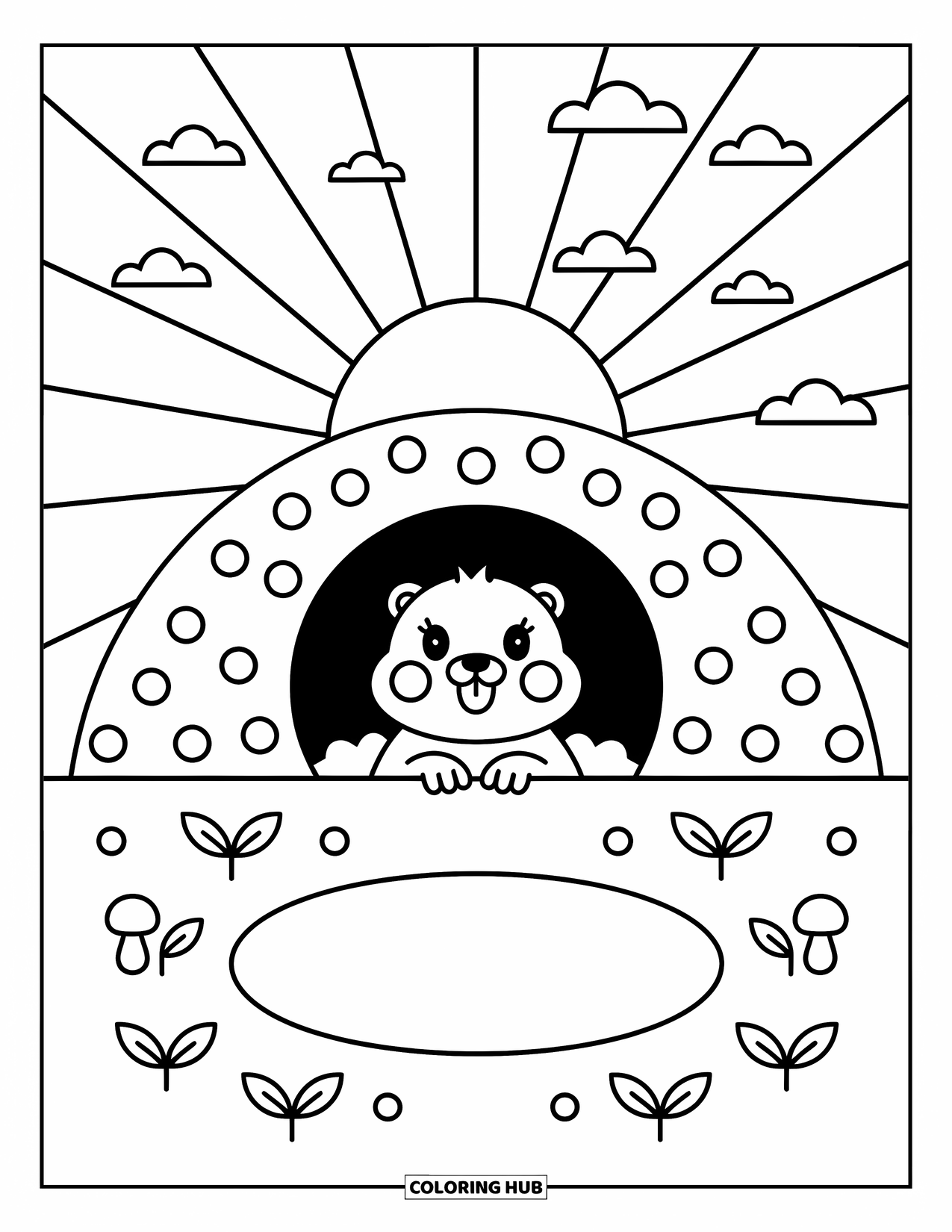 Groundhog Coloring Page for Adults: Groundhog peeking from burrow with sunrise, clouds, mushrooms, and sprouts