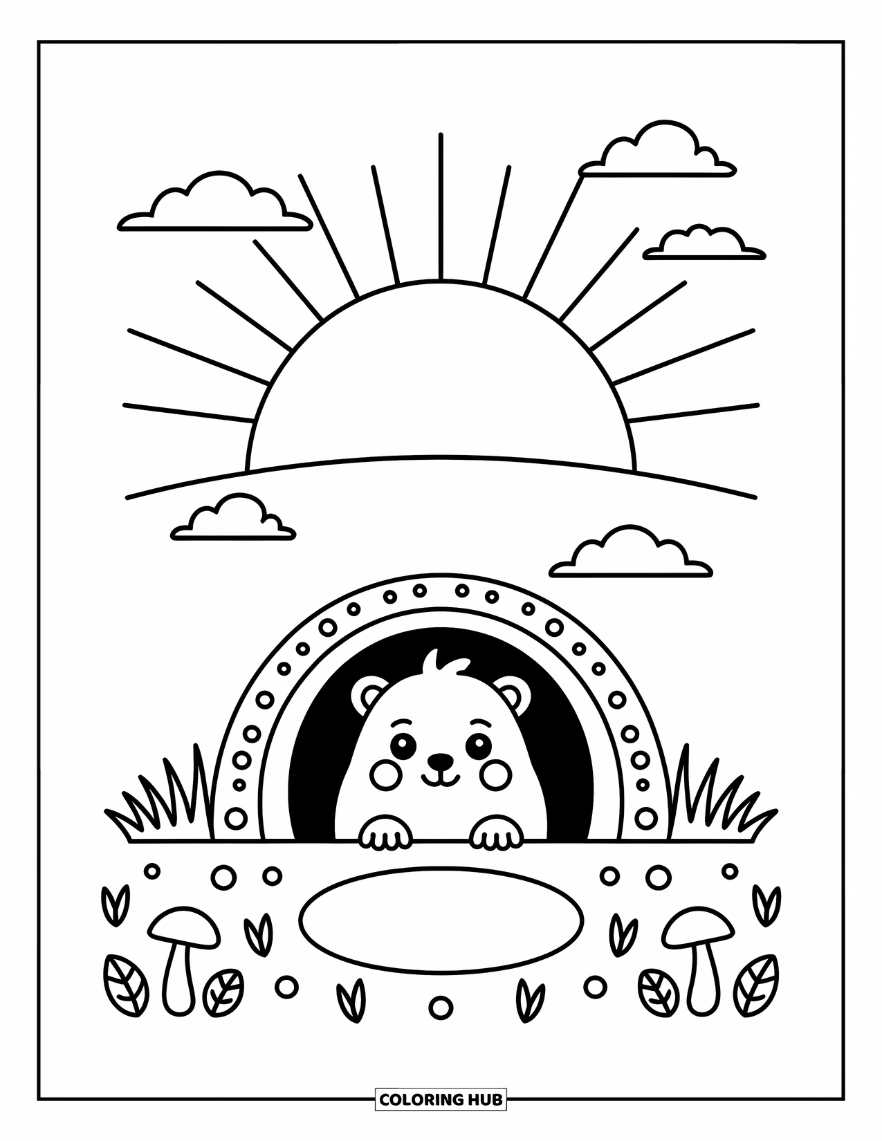 Groundhog Coloring Page for Adults: Groundhog peeking from burrow with sunrise, mushrooms, leaves, and spring sprouts