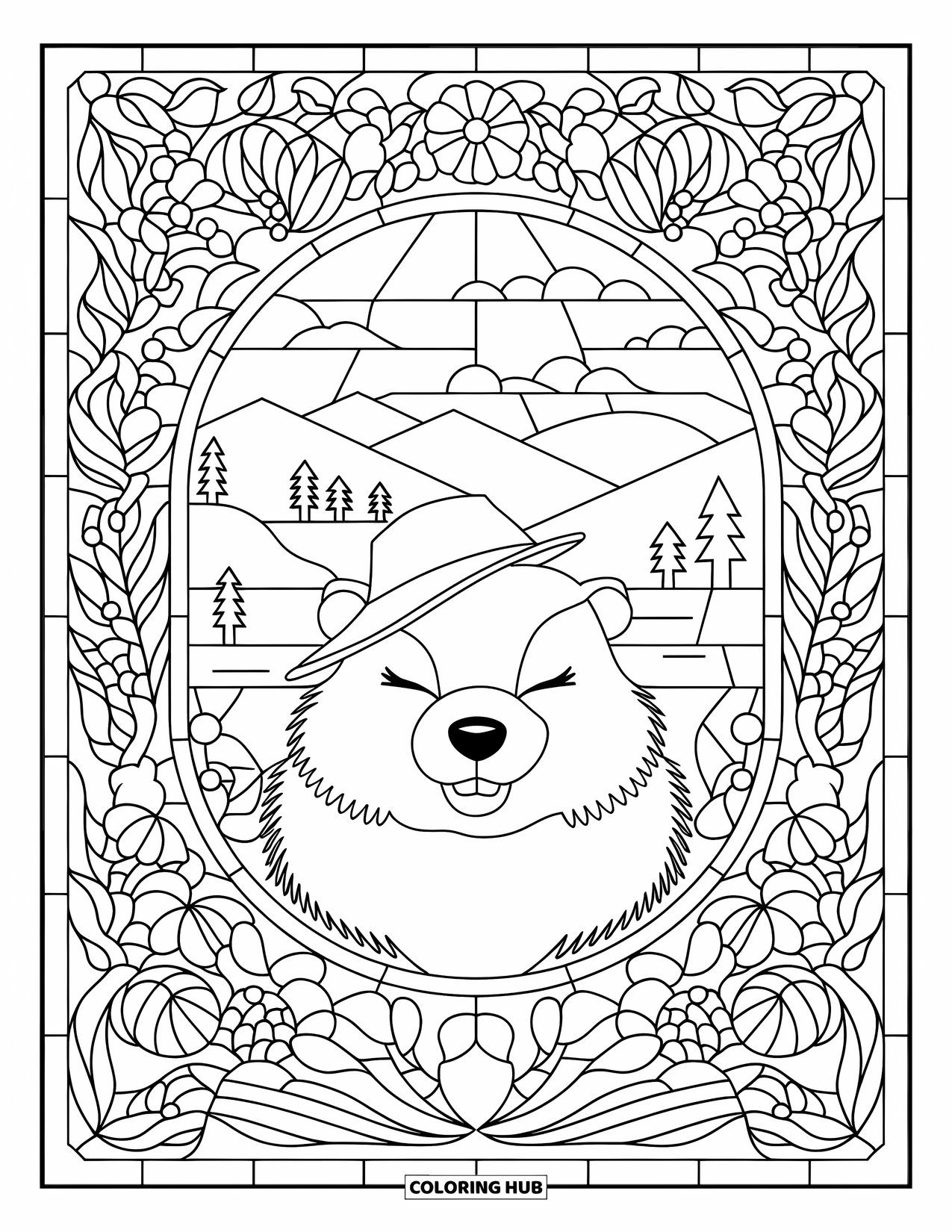 Groundhog Coloring Page for Adults: Groundhog portrait in floral stained glass frame with scenic view