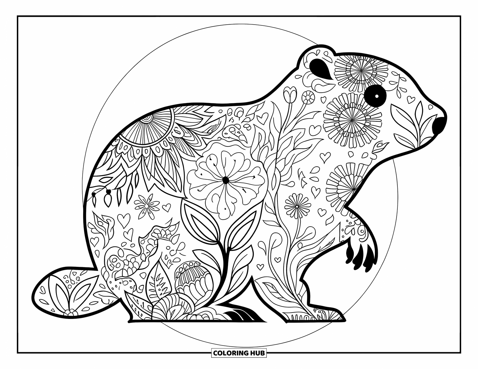 Groundhog Coloring Page for Adults: Groundhog silhouette with floral mandala, hearts, and stars