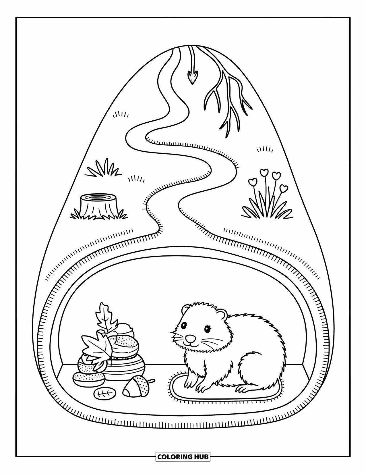 Groundhog Coloring Page for Adults: Hill cutaway showing burrow with groundhog, leaves, acorns, and small tunnel