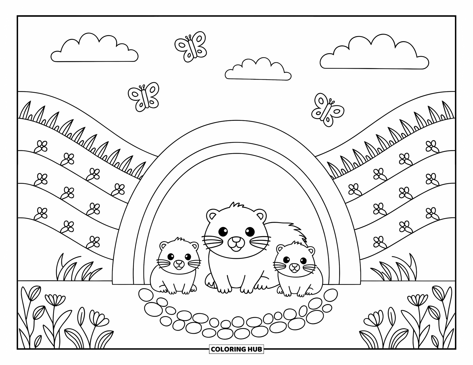 Groundhog Coloring Page for Adults: Parent groundhog and two pups near burrow framed by hills, flowers, and butterflies