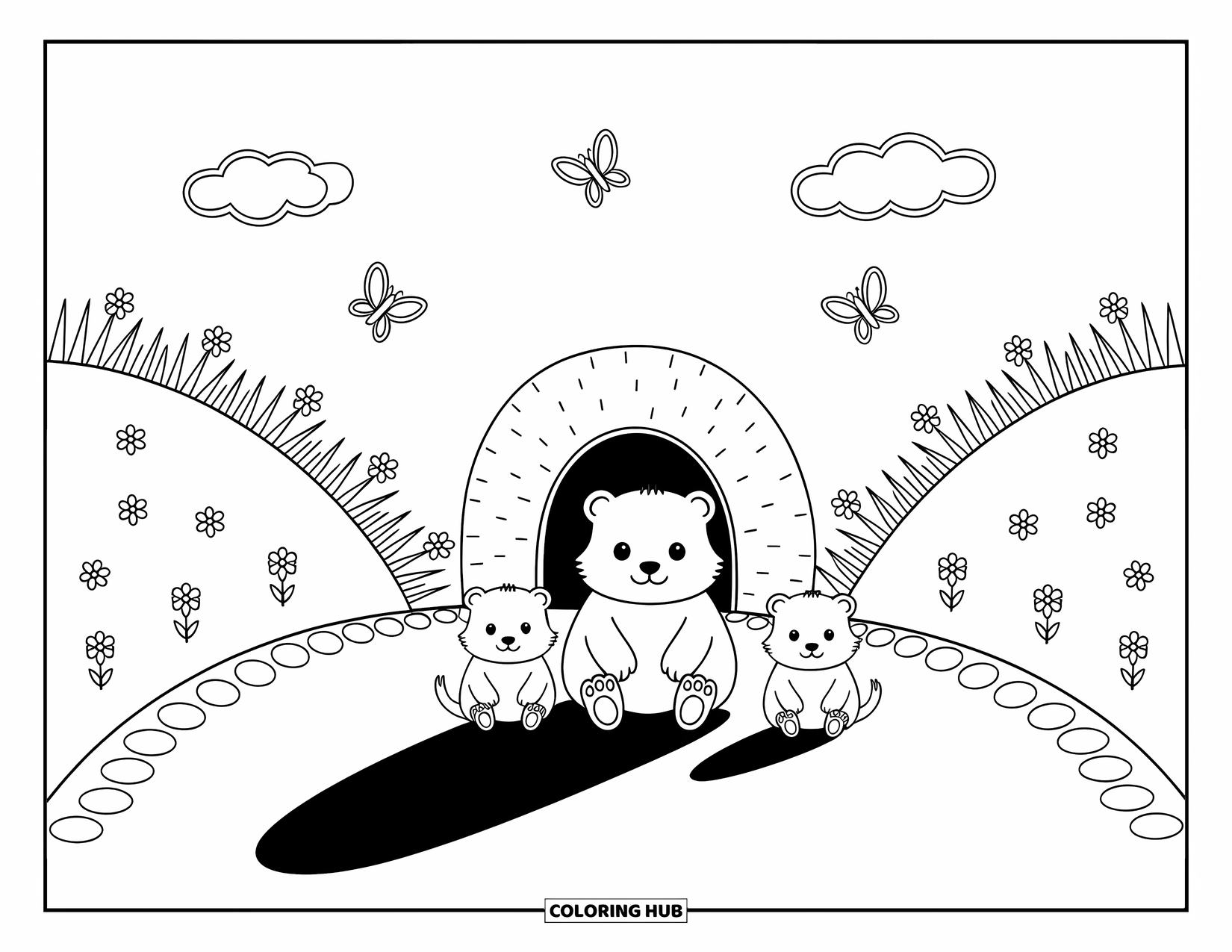 Groundhog Coloring Page for Adults: Parent groundhog with two pups near a burrow surrounded by flowers and butterflies