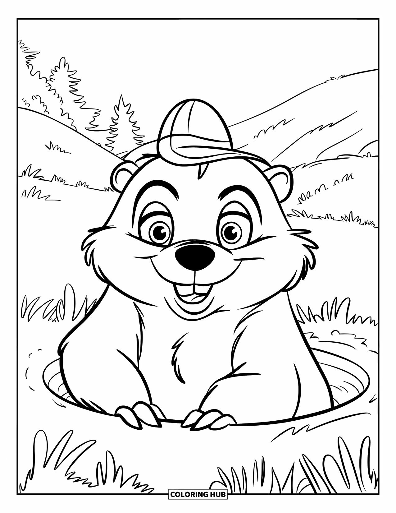 Groundhog Coloring Page for Kids: Big-eyed groundhog in a hat peeking from burrow into a sunny meadow
