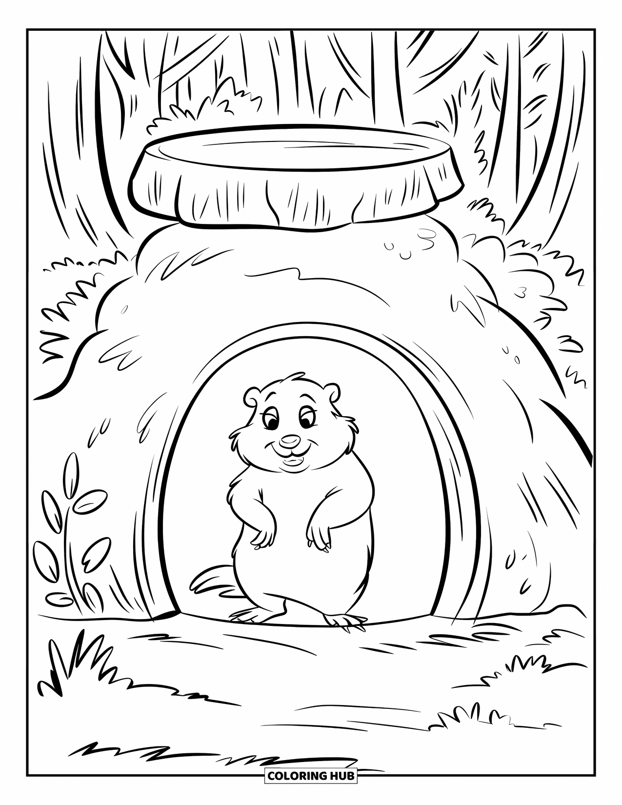 Groundhog Coloring Page for Kids: Curious groundhog at burrow entrance in a forest