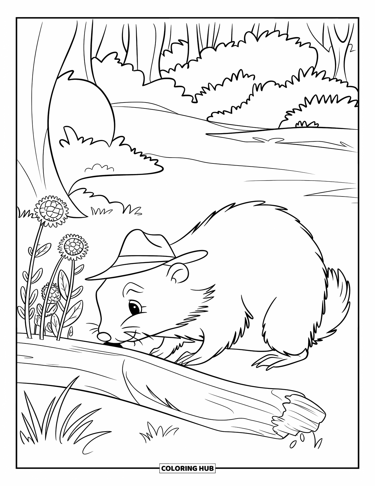 Groundhog Coloring Page for Kids: Fluffy-tailed groundhog in green hat smelling wildflowers by a branch