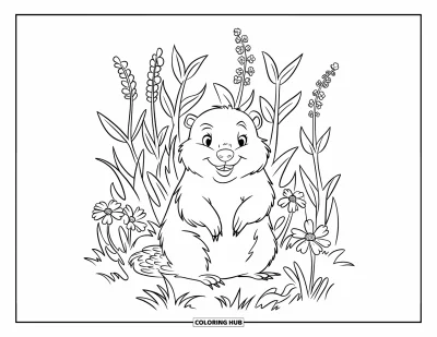 Desen de colorat cu marmotă pentru copii: Marmotă printre flori de primăvară detaliate și buruieni înalte cu frunze