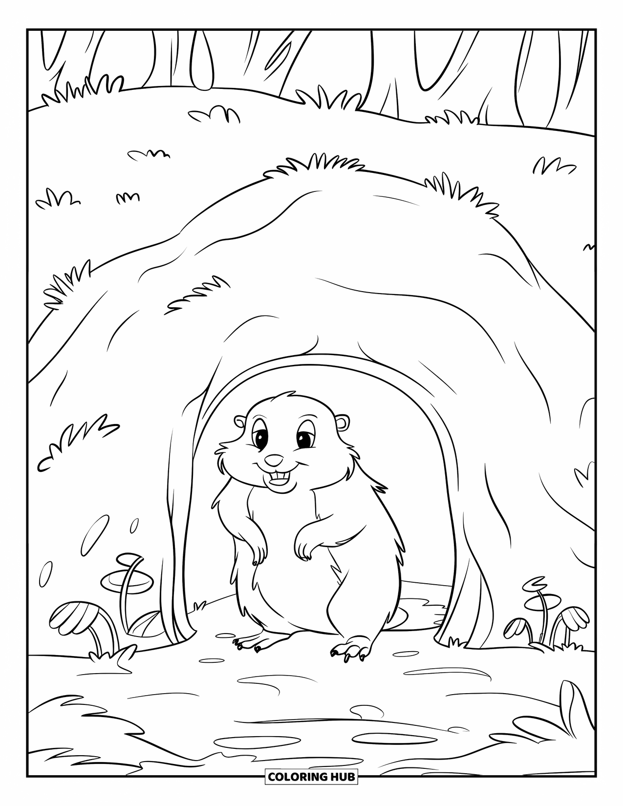 Groundhog Coloring Page for Kids: Groundhog at burrow entrance with tiny plants in a grassy setting