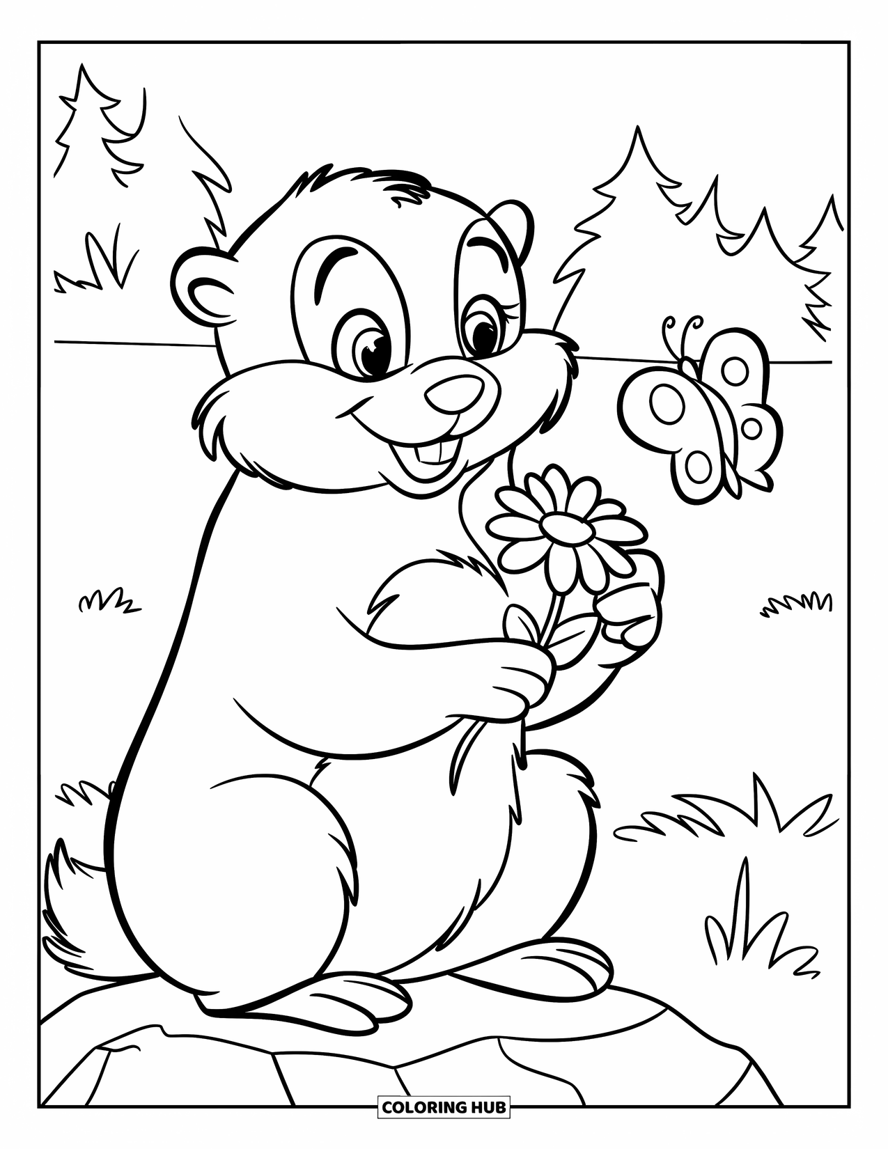 Groundhog Coloring Page for Kids: Groundhog holding a flower while watching a butterfly from a rock