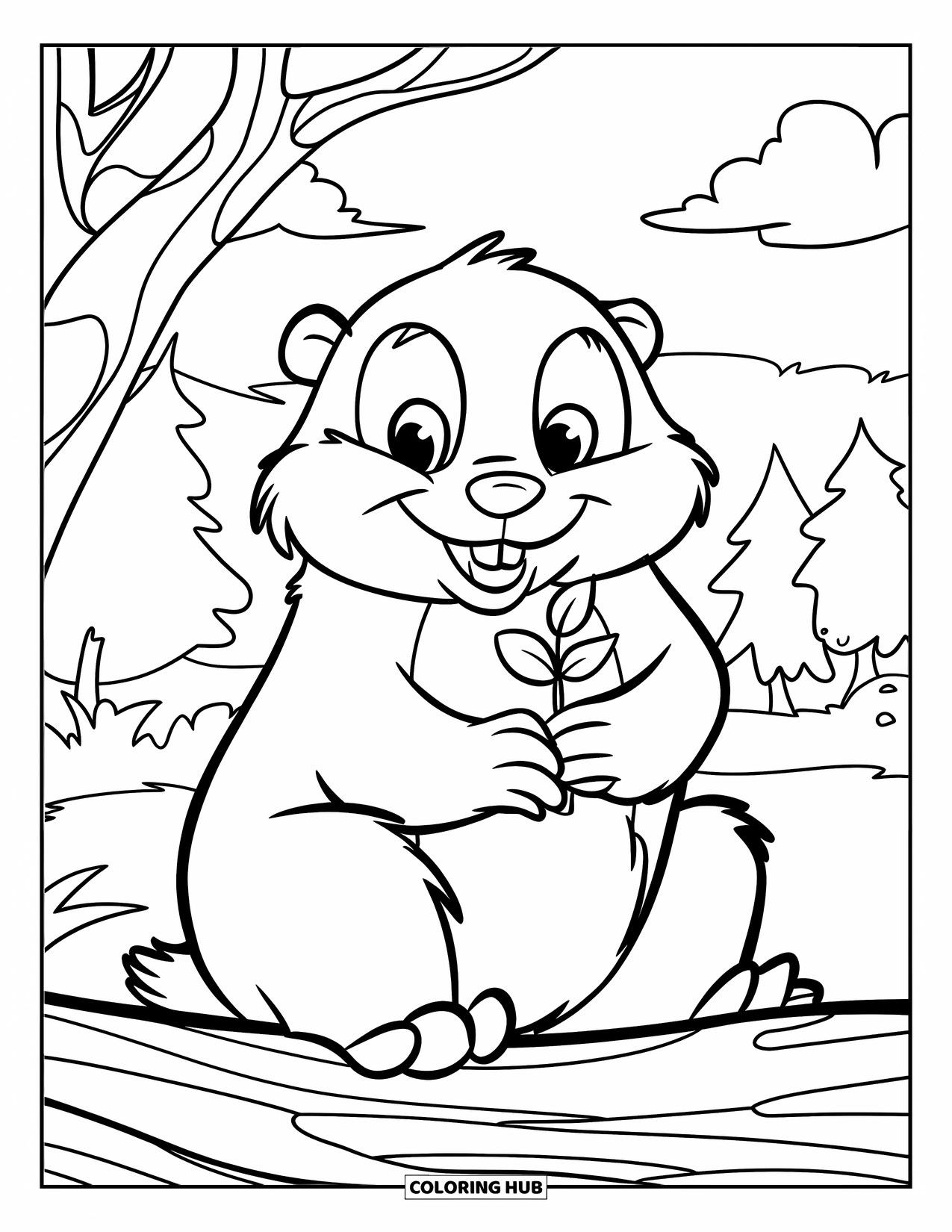 Groundhog Coloring Page for Kids: Groundhog holding a plant sprout while sitting on a log