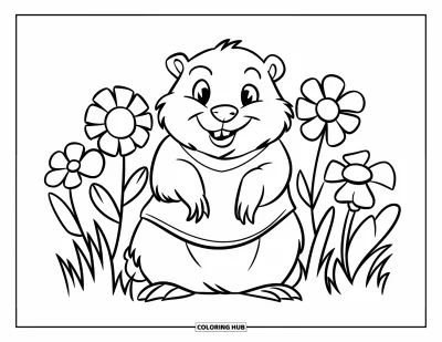 Desen de colorat cu marmotă pentru copii: Marmotă cu cămașă verde înconjurată de flori viu colorate de primăvară