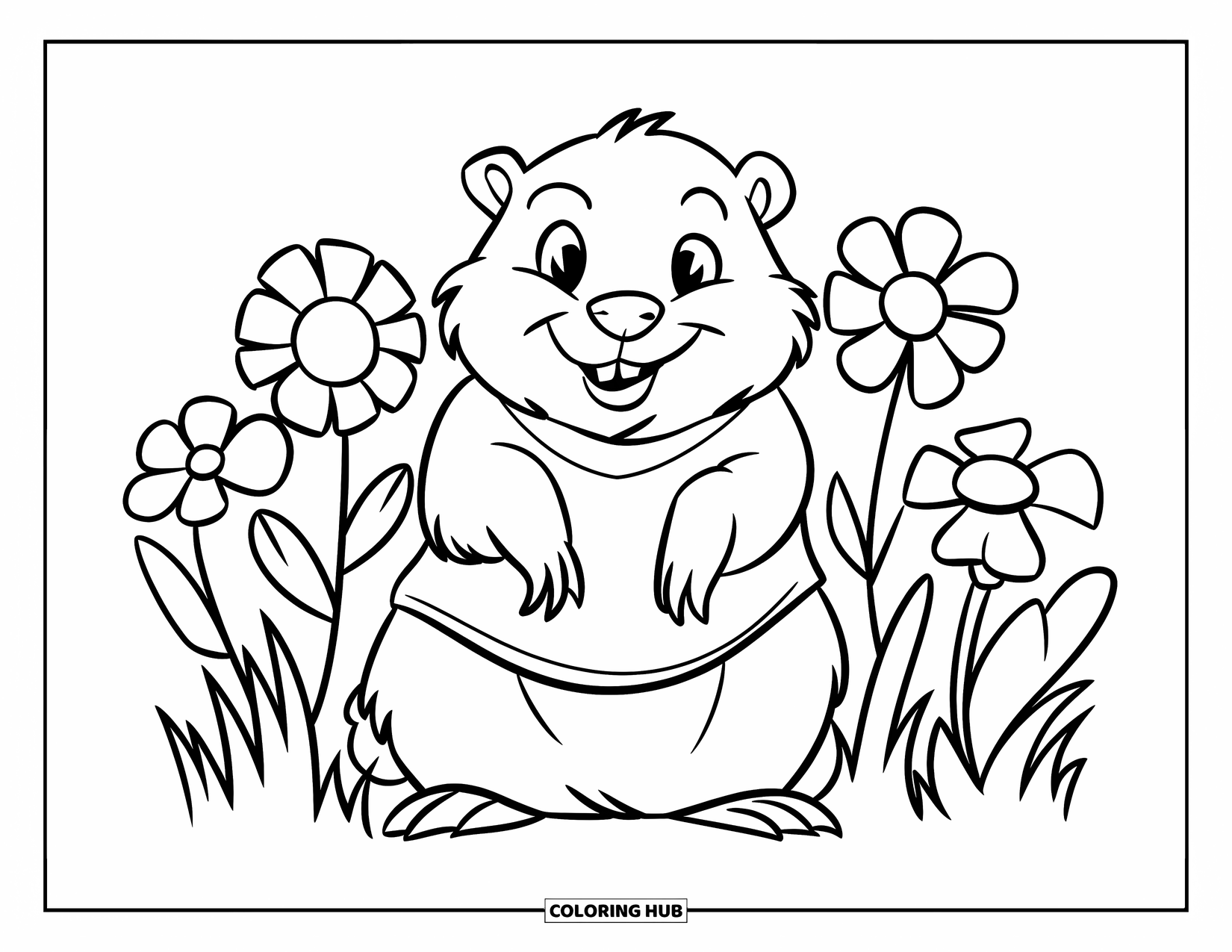 Groundhog Coloring Page for Kids: Groundhog in a green shirt surrounded by bold spring flowers