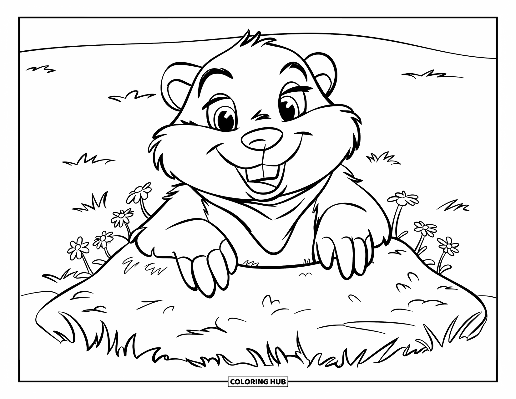 Groundhog Coloring Page for Kids: Groundhog in a scarf peeking from a dirt mound with tiny flowers