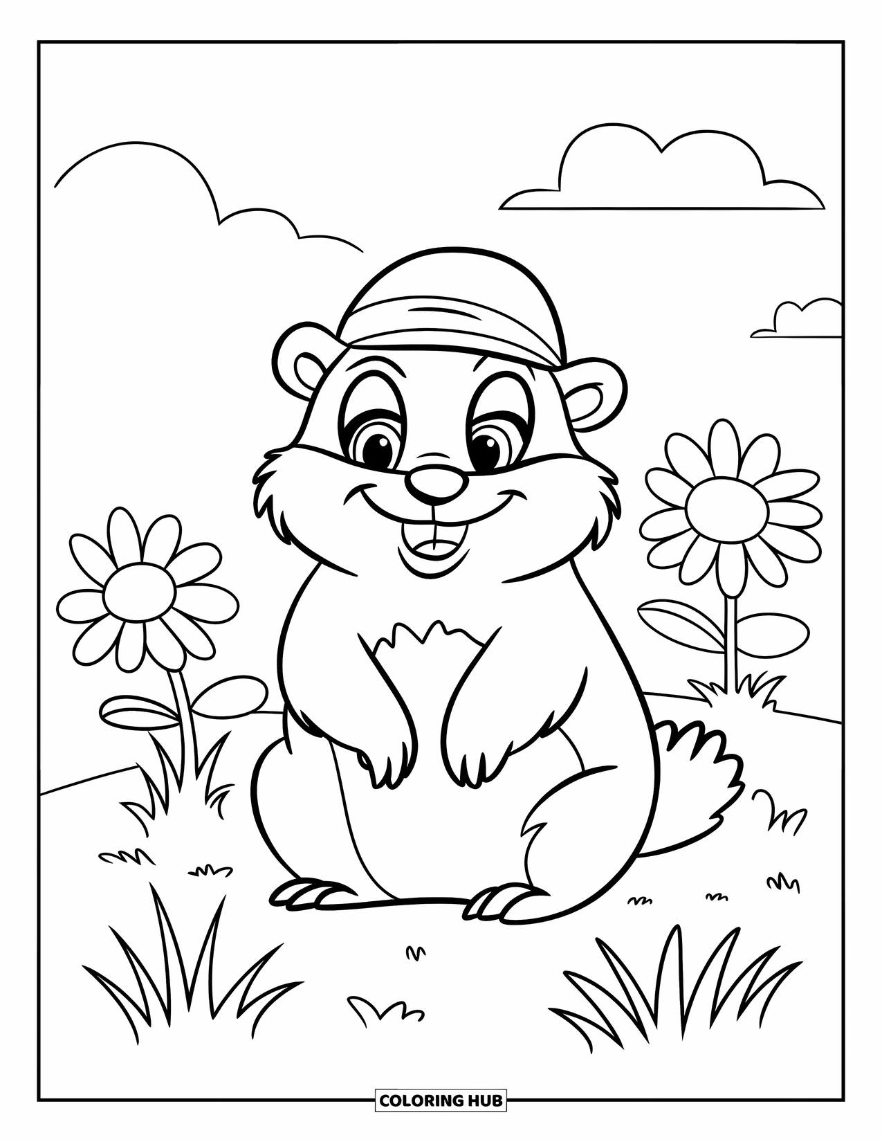 Groundhog Coloring Page for Kids: Groundhog in green hat sitting in grass with daisies and clouds