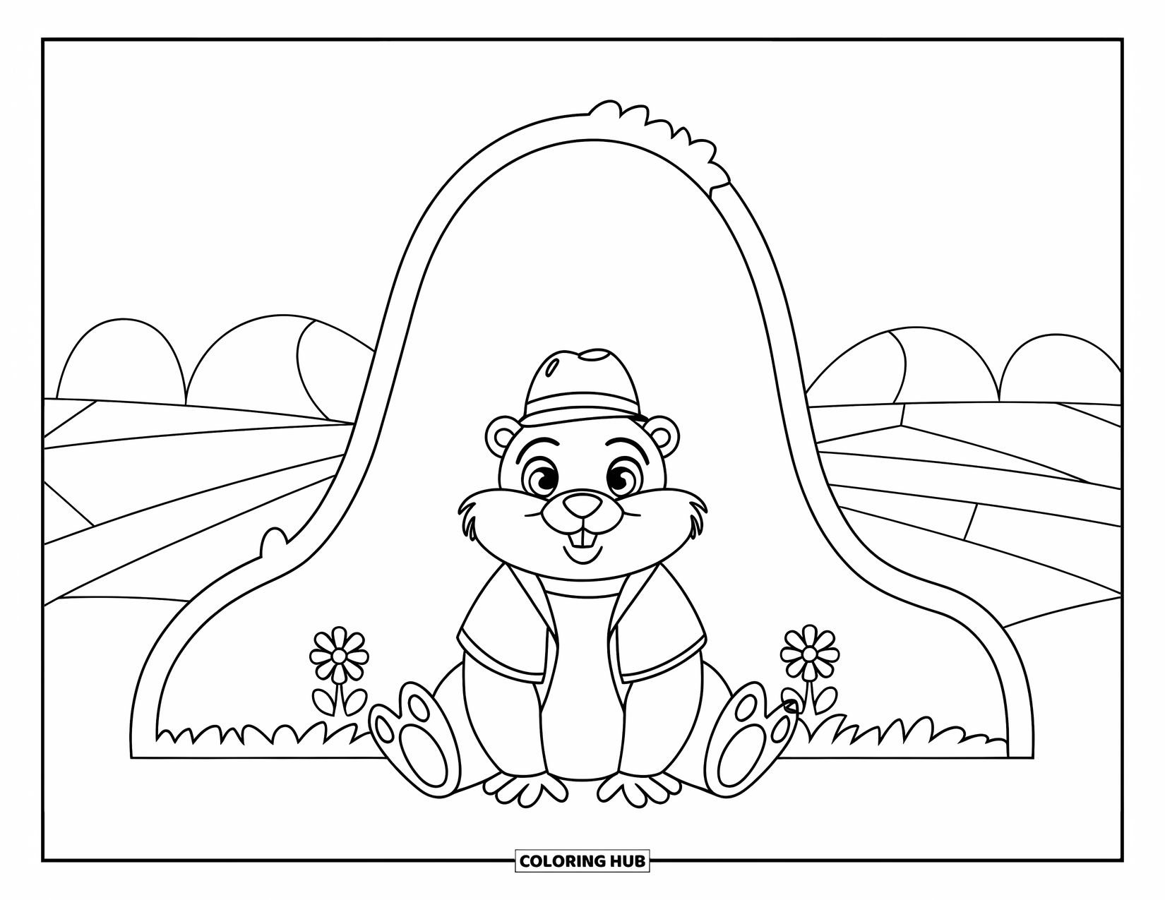 Groundhog Coloring Page for Kids: Groundhog in green shirt and red hat with flowers by a hill