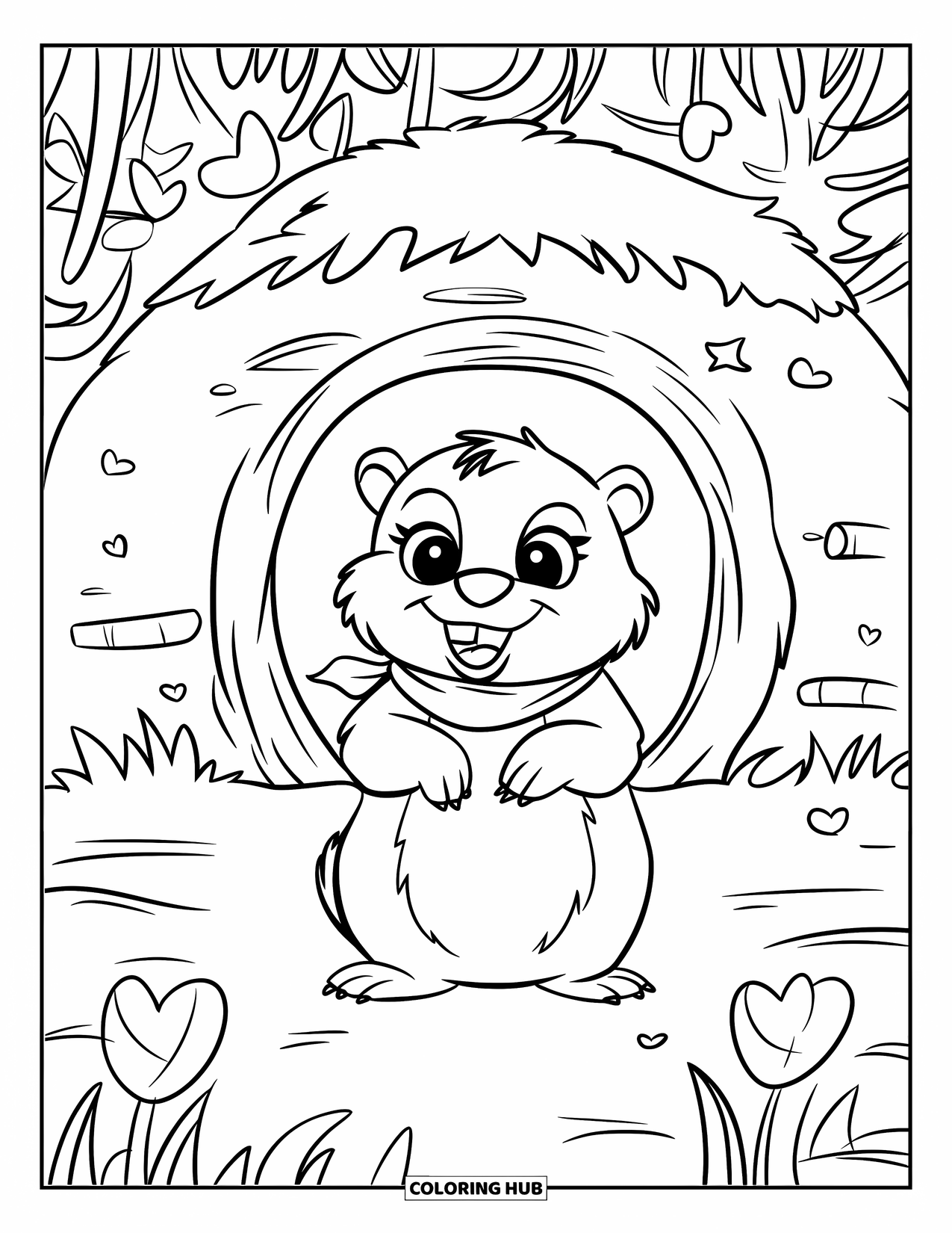Groundhog Coloring Page for Kids: Groundhog in red scarf by round burrow with hearts, stars, and flowers