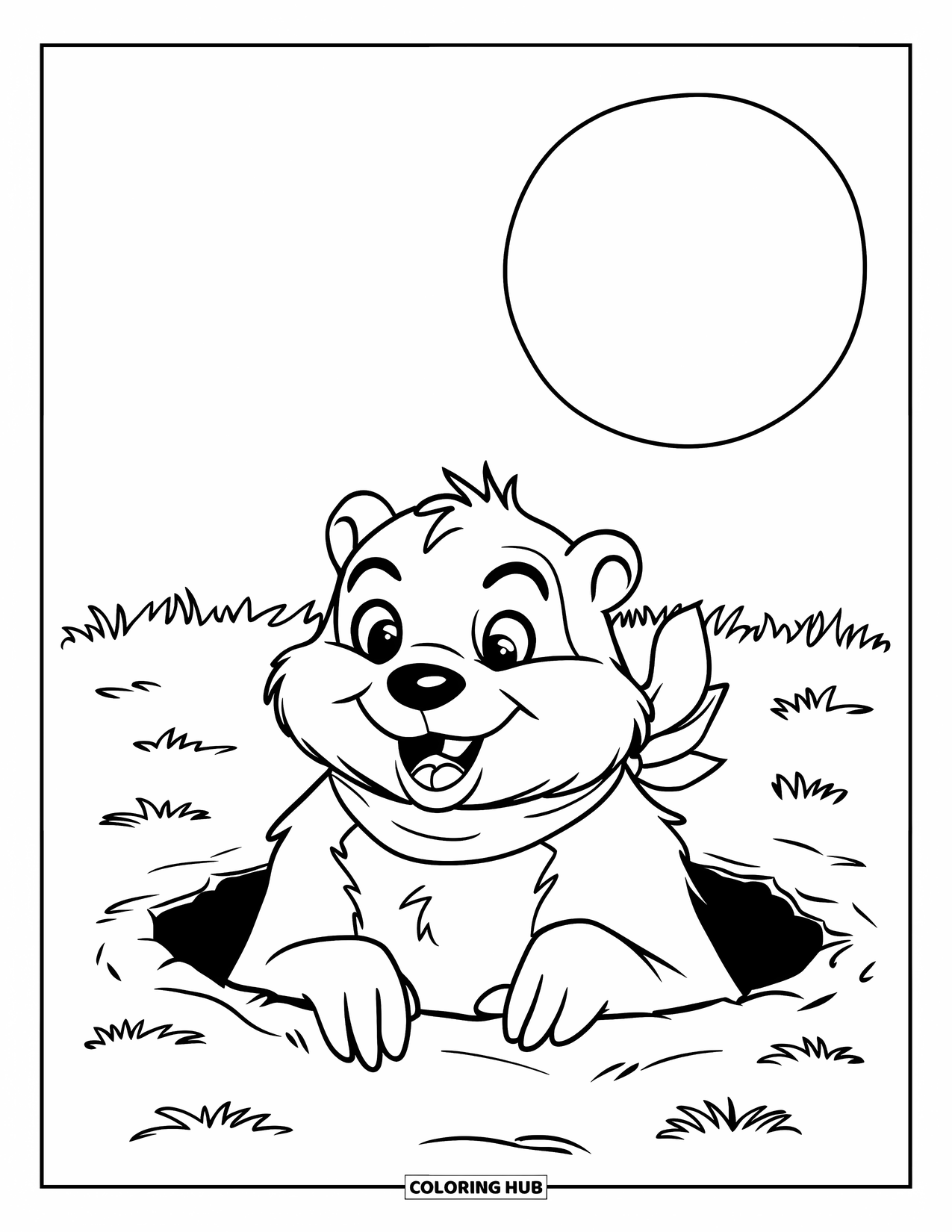 Groundhog Coloring Page for Kids: Groundhog in red scarf popping from a hole under the sun