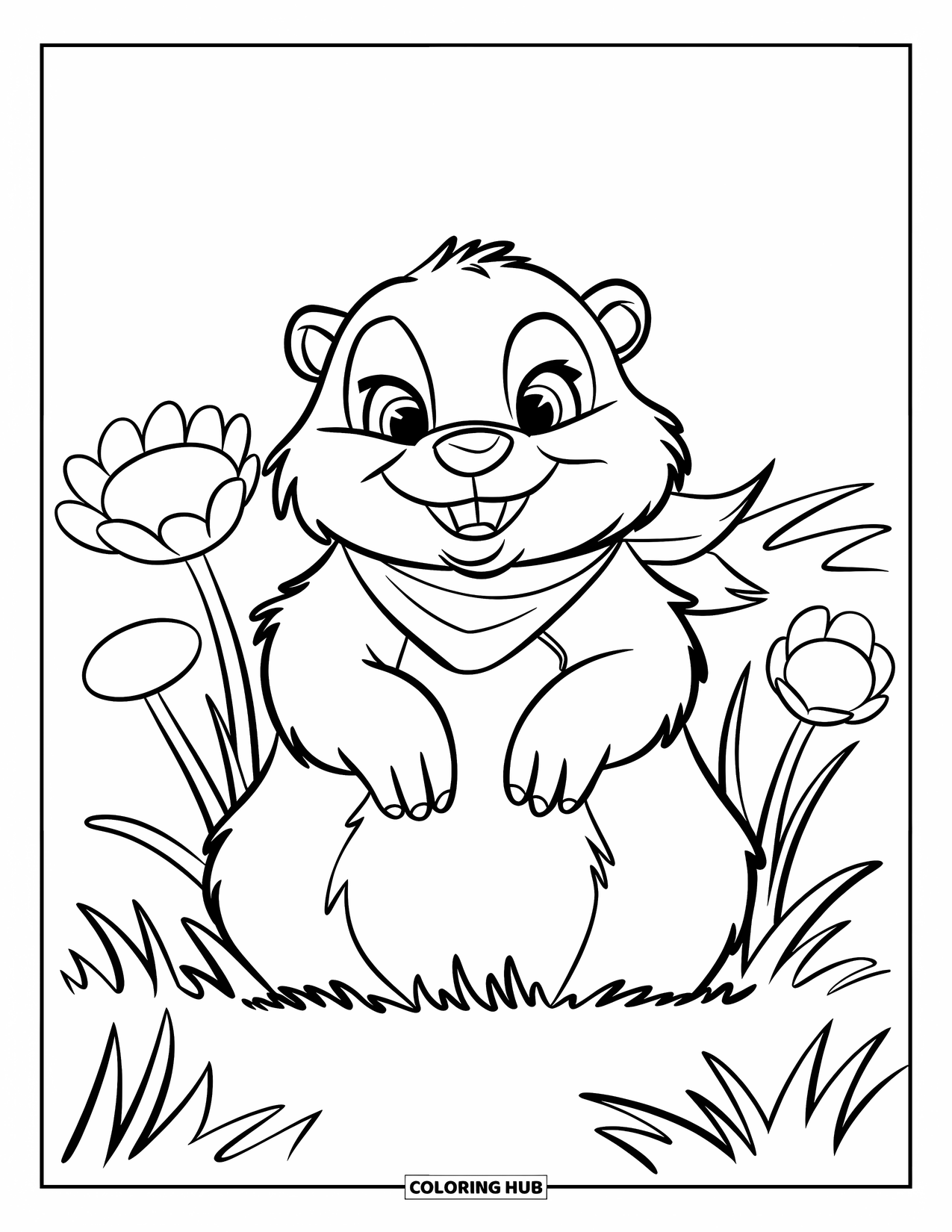 Groundhog Coloring Page for Kids: Groundhog in red scarf sitting in grass with big flowers