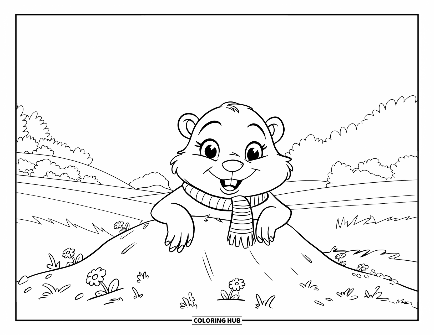 Groundhog Coloring Page for Kids: Groundhog in striped scarf peeking from mound with flowers and hills