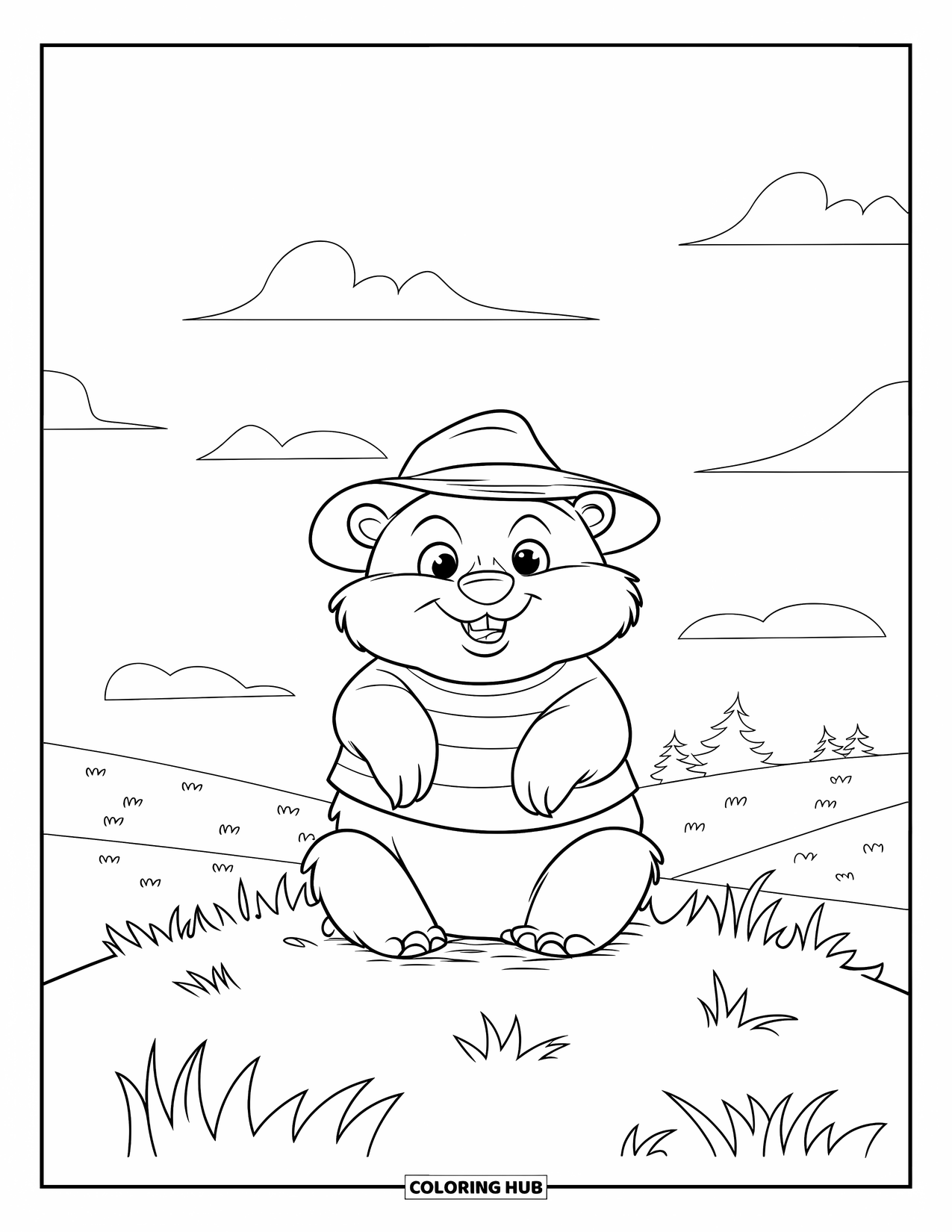 Groundhog Coloring Page for Kids: Groundhog in striped shirt and hat sitting on grassy hill under clouds