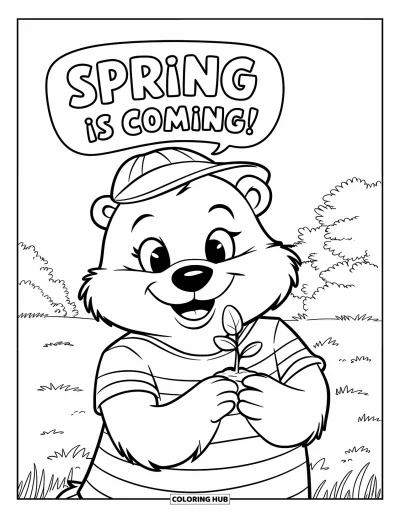 Desen de colorat cu marmotă pentru copii: Marmotă cu cămașă în dungi ținând un mugure cu inscripția "Spring is coming!"
