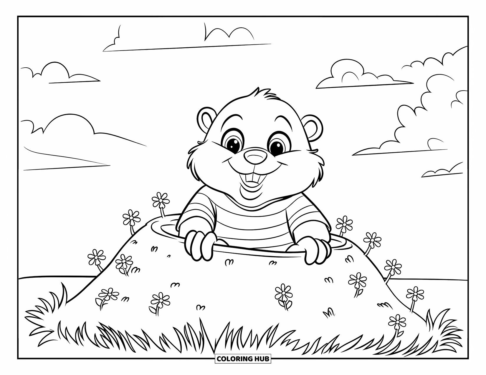 Groundhog Coloring Page for Kids: Groundhog in striped shirt peeking from mound surrounded by grass and flowers
