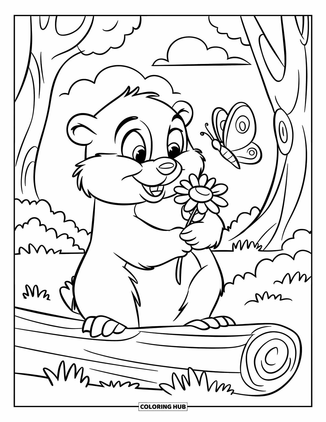 Groundhog Coloring Page for Kids: Groundhog on a log holding a flower and looking at a butterfly