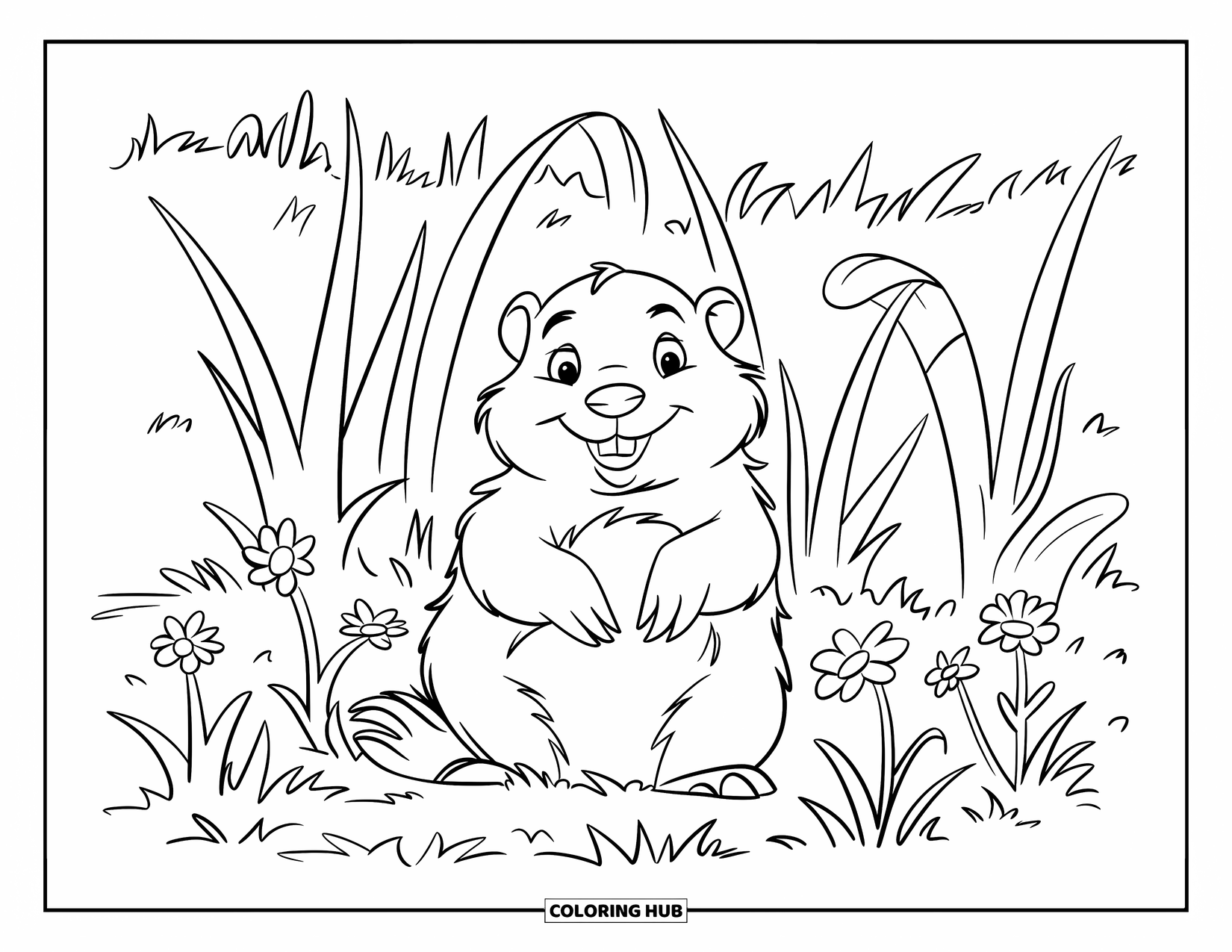 Groundhog Coloring Page for Kids: Groundhog standing tall in a field of blooming flowers and tall weeds