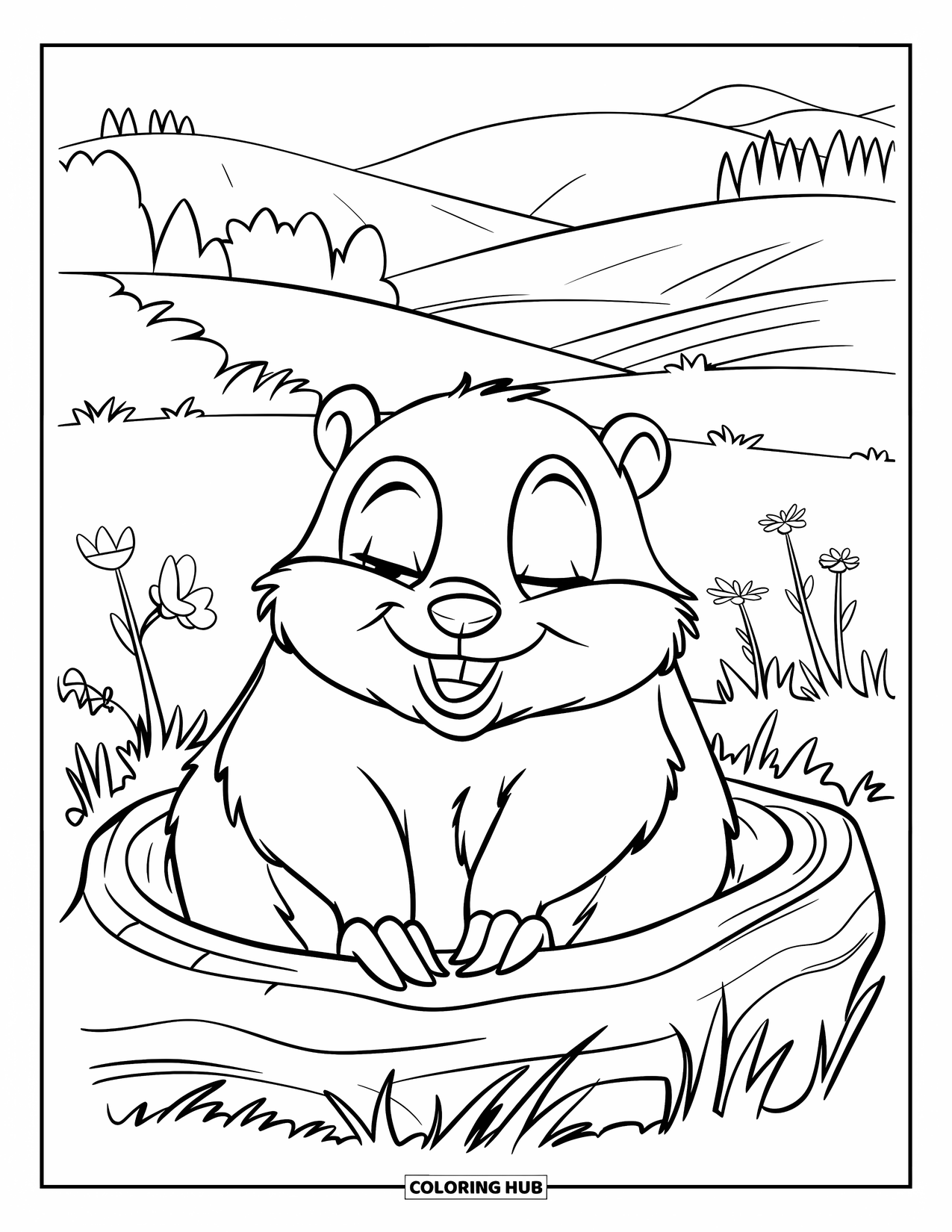 Groundhog Coloring Page for Kids: Groundhog with eyes closed on a log in a meadow of flowers