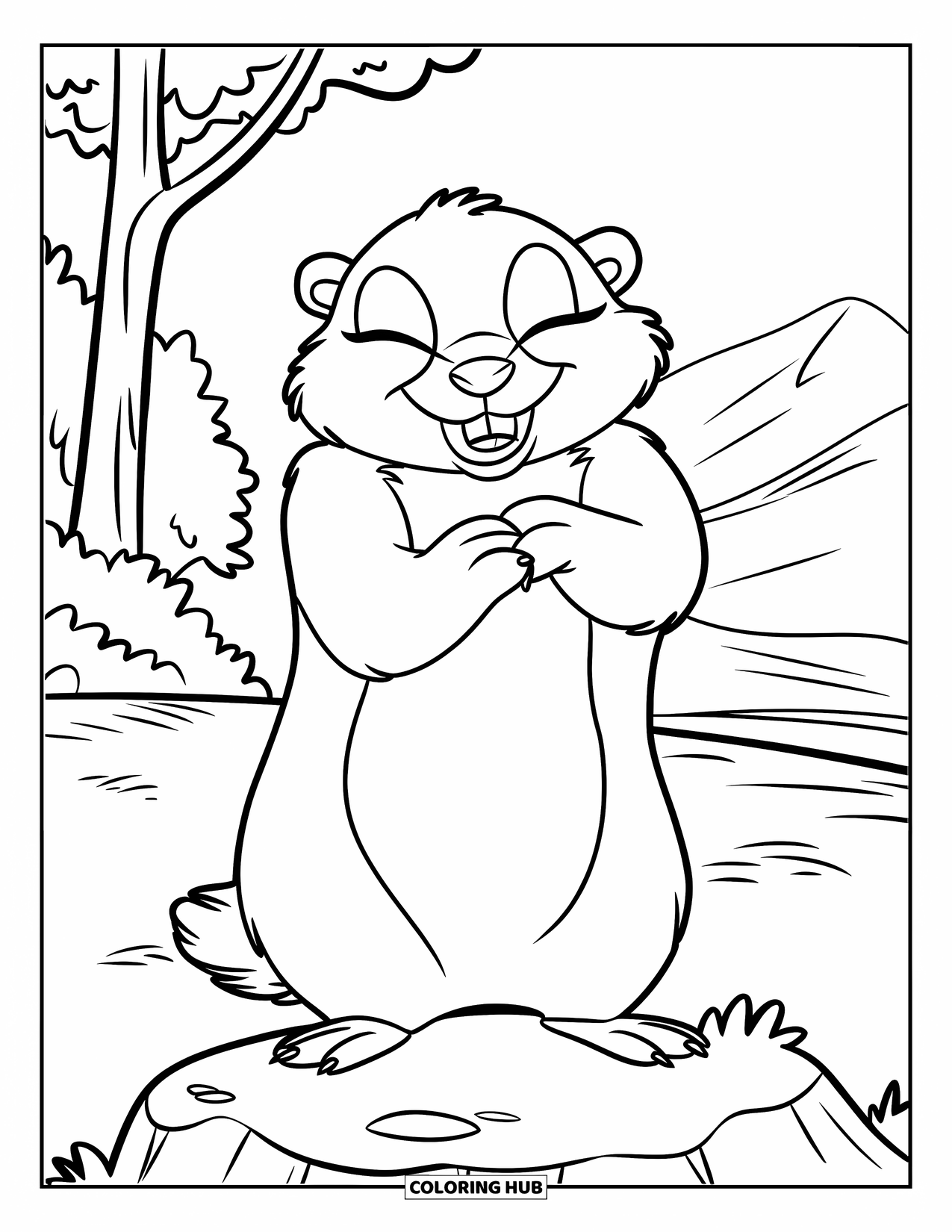 Groundhog Coloring Page for Kids: Groundhog with eyes closed standing on a rock with mountains behind