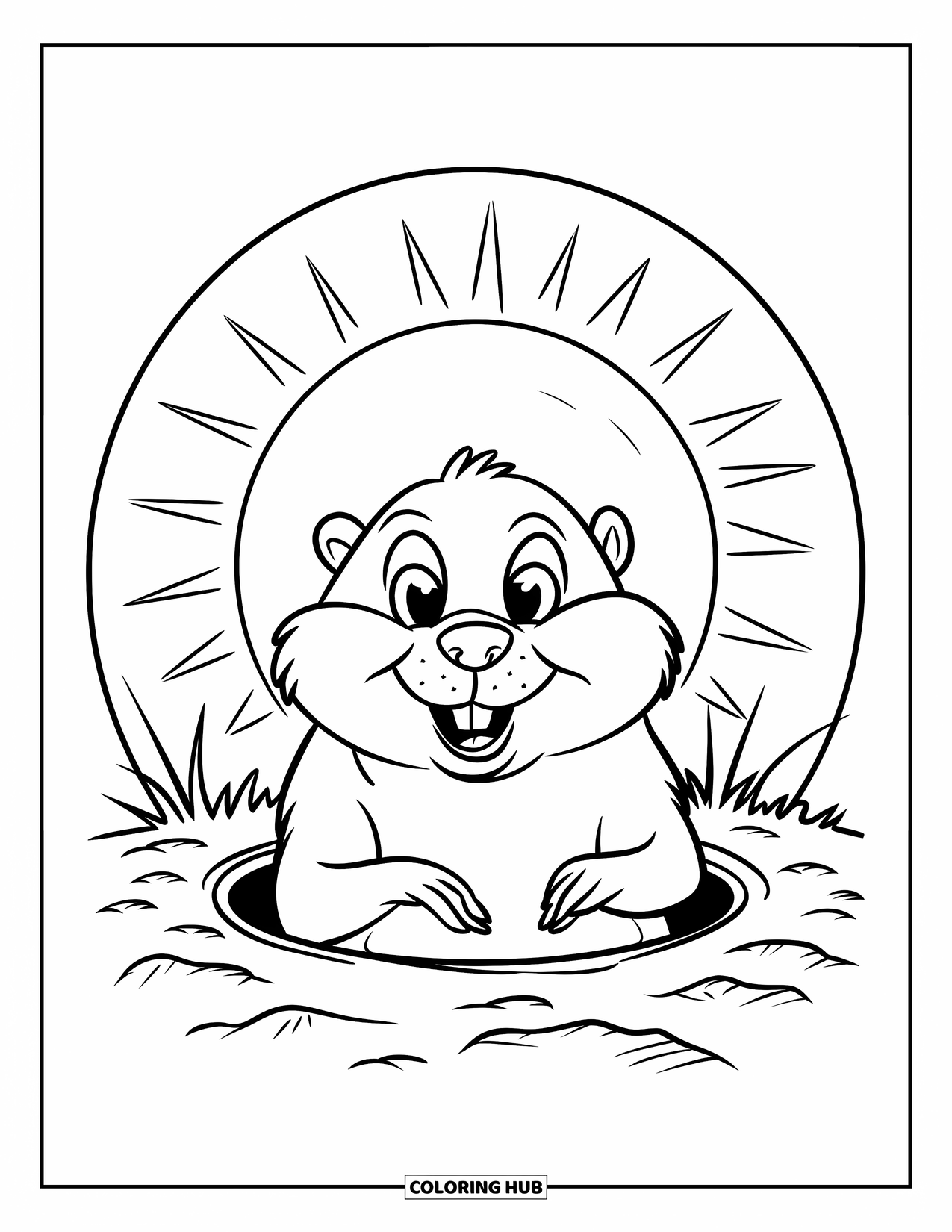 Groundhog Coloring Page for Kids: Plump groundhog popping from hole under a sun with rays