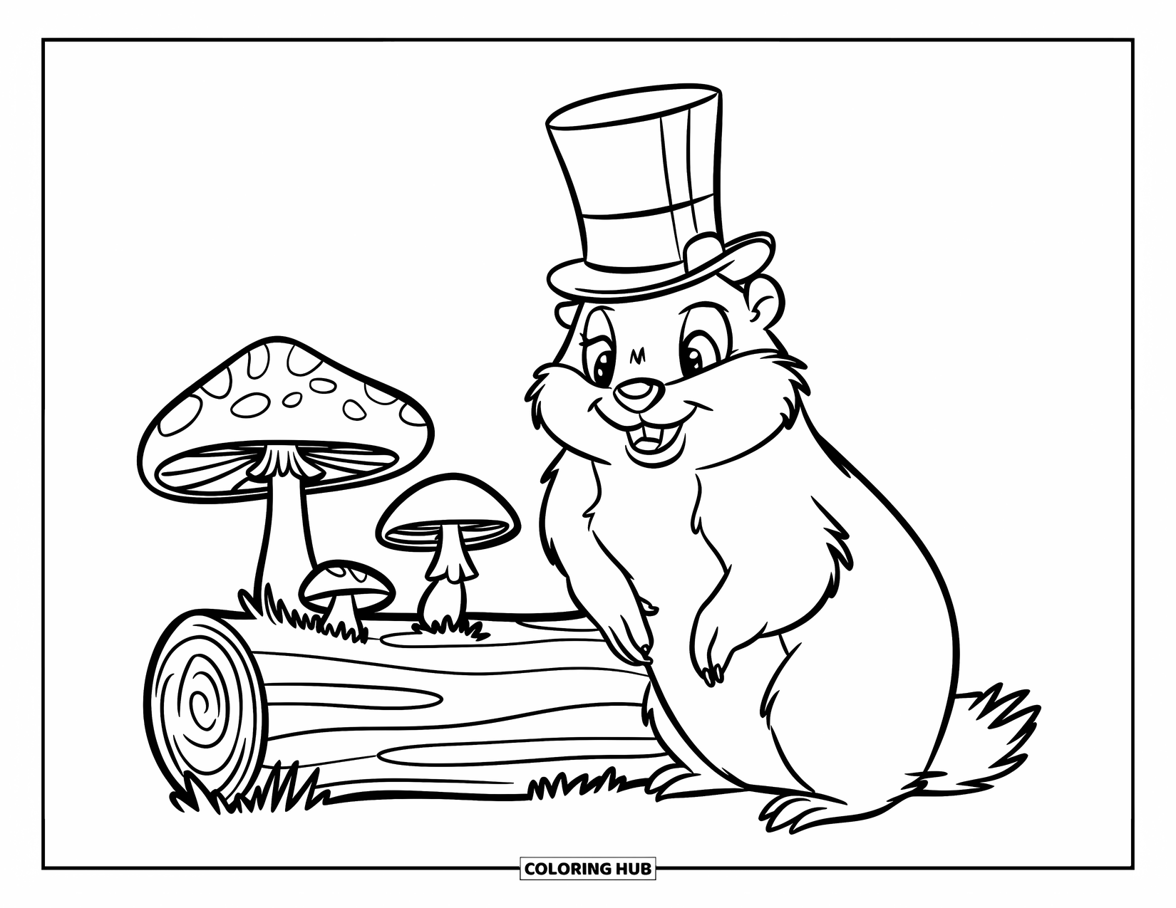 Groundhog Coloring Page for Kids: Smiling groundhog in top hat beside a log with three mushrooms