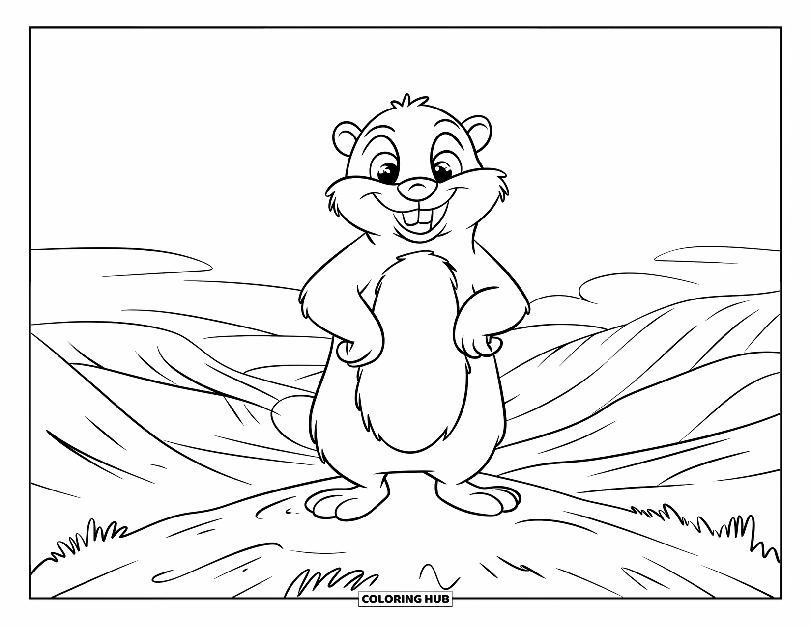 Groundhog Coloring Page for Kids: Smiling groundhog overlooking a peaceful valley and clear sky