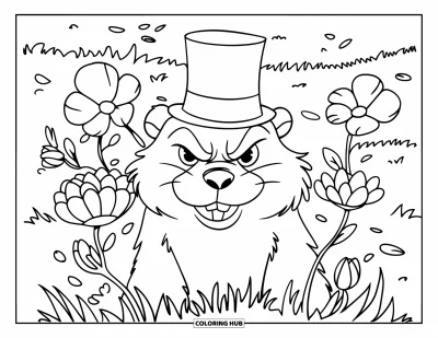 Desen de colorat cu marmotă pentru copii: Marmotă severă cu joben printre flori înflorite de primăvară