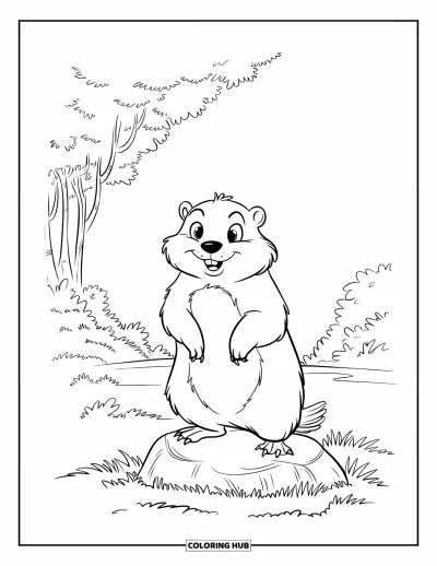 Desen de colorat cu marmotă pentru copii: Marmotă cu ochi mari stând pe o piatră într-o poieniță din pădure
